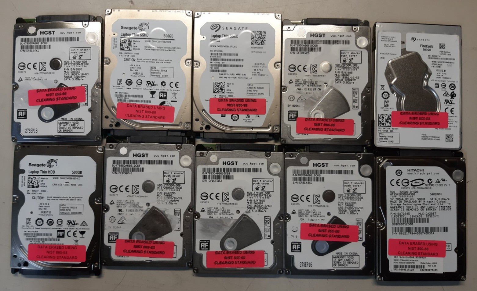 Lot of 10 Mix 500GB 2.5” SATA HDD Hard Disk Drives