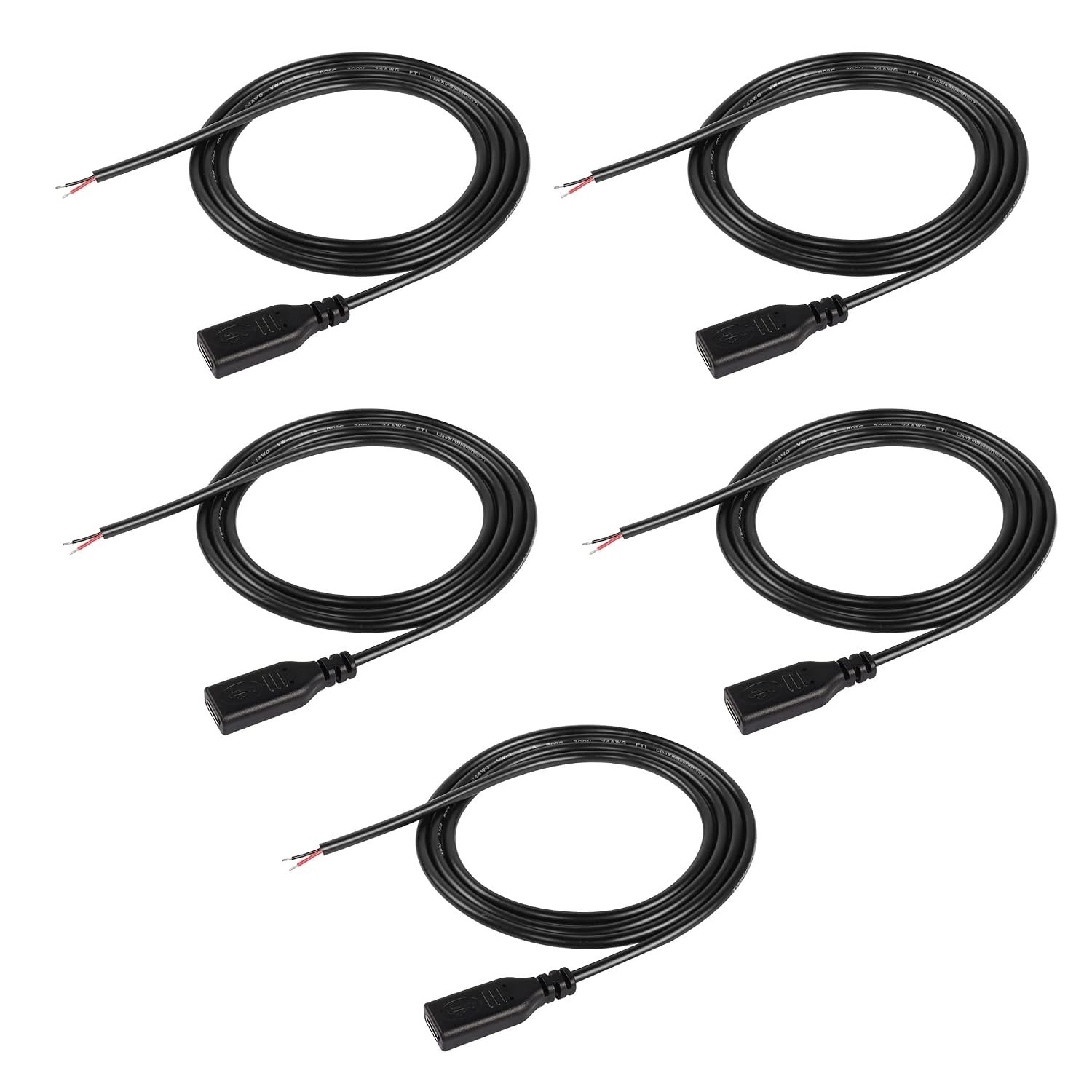 5-Pack USB Type-C Pigtail Cables – 1M/3.2FT for DIY Fast Charging Projects