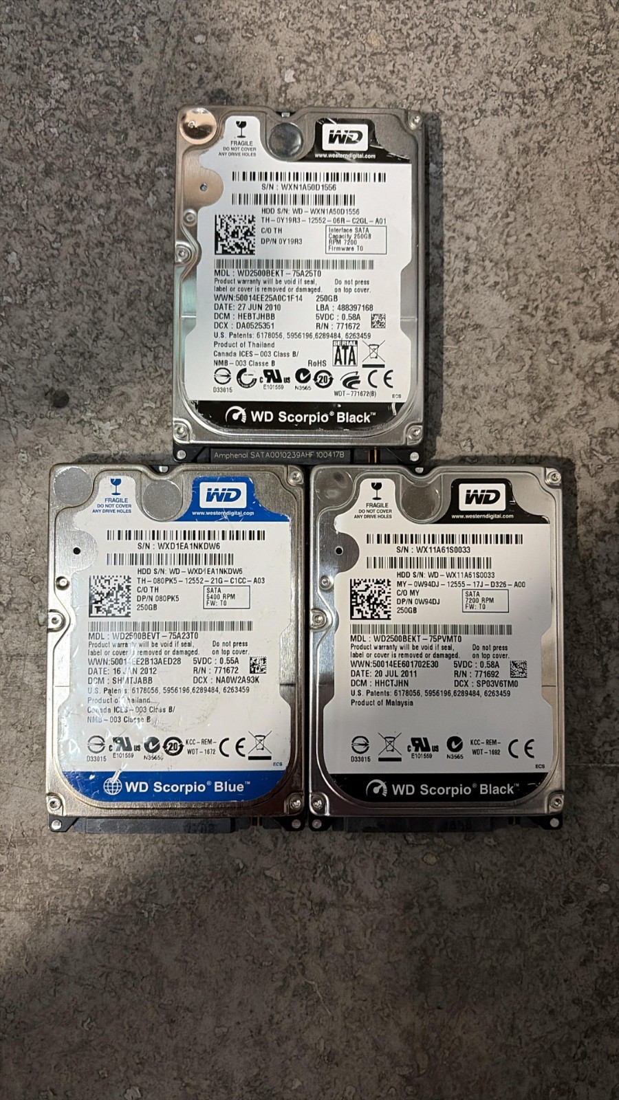 3 PACK!! Hard Disk 250 GB HDD 2.5 SamsungWD Toshiba Hitachi Seagate, for Laptop