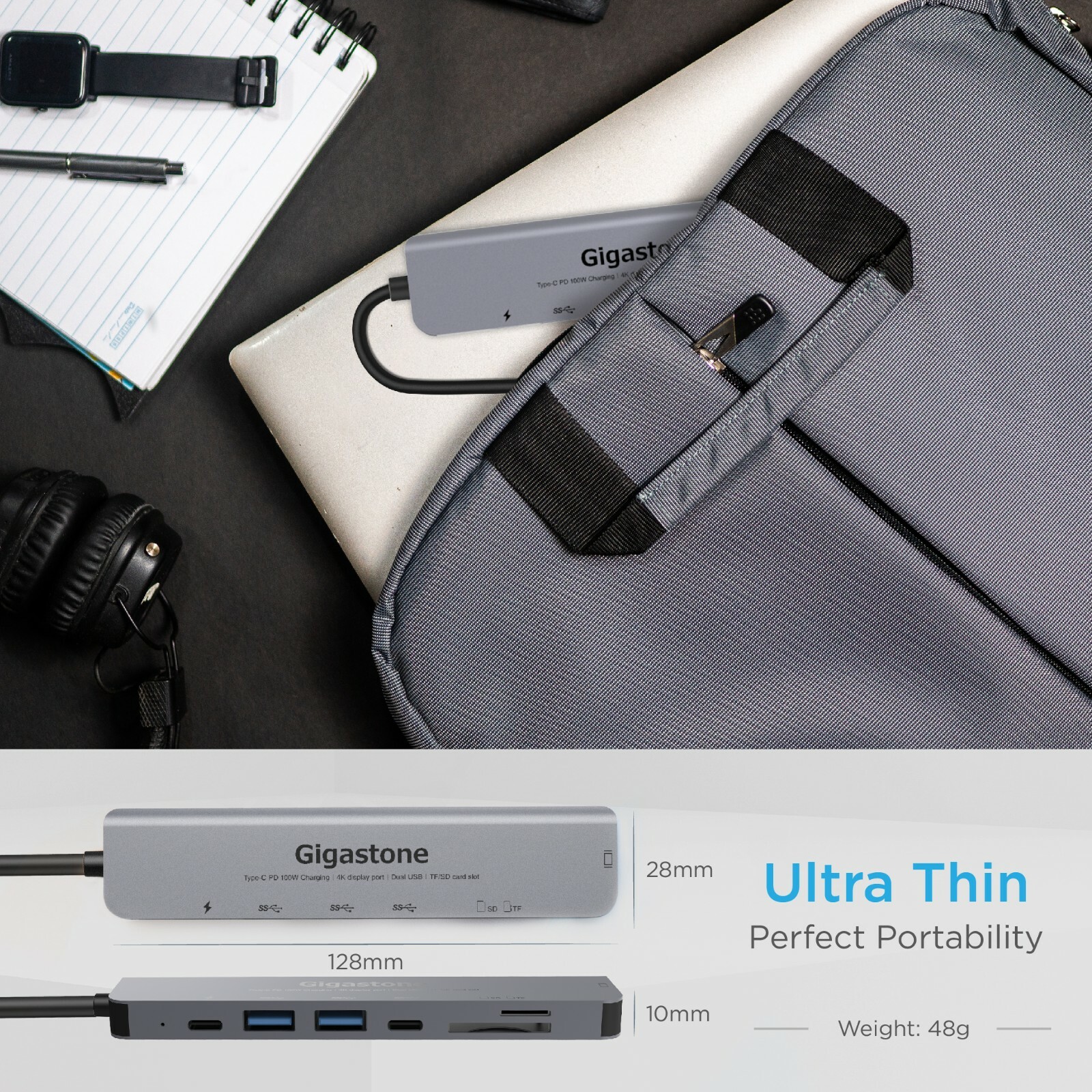 Gigastone USB-C HUB, 7IN1 Type-C , PD charge 100W, 2 USB 3.0 Ports, card reader