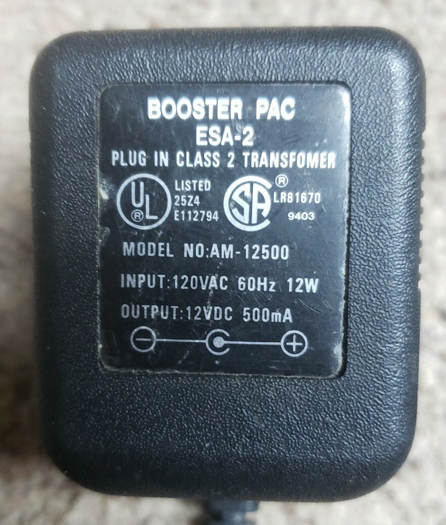 BOOSTER-PAC AC Adapter Power Supply 12VDC 500mA w automotive plug AM-12500 ESA-2