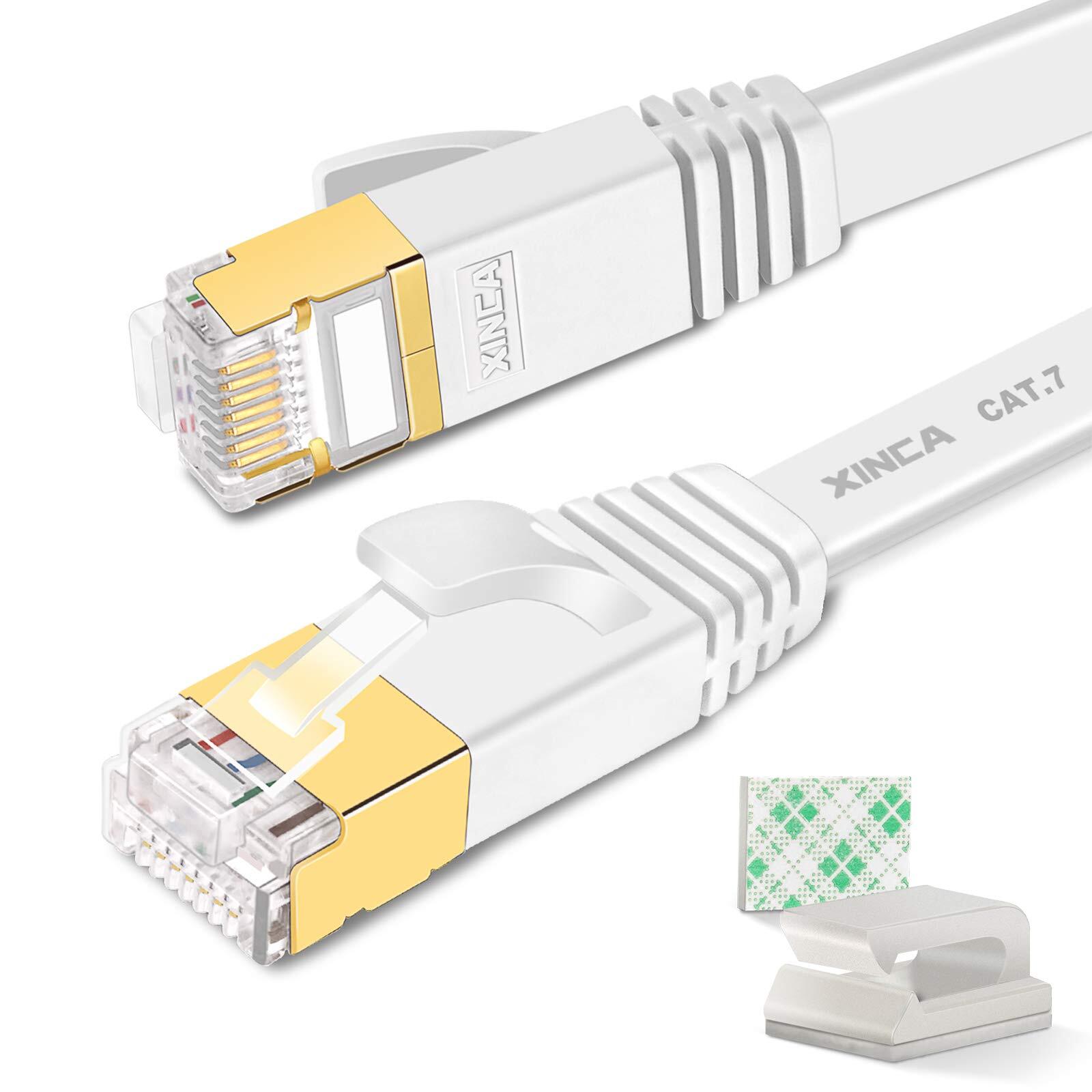 Cat 7 Flat Ethernet Cable 15ft White High Speed 10gb Shielded stp Lan Internet