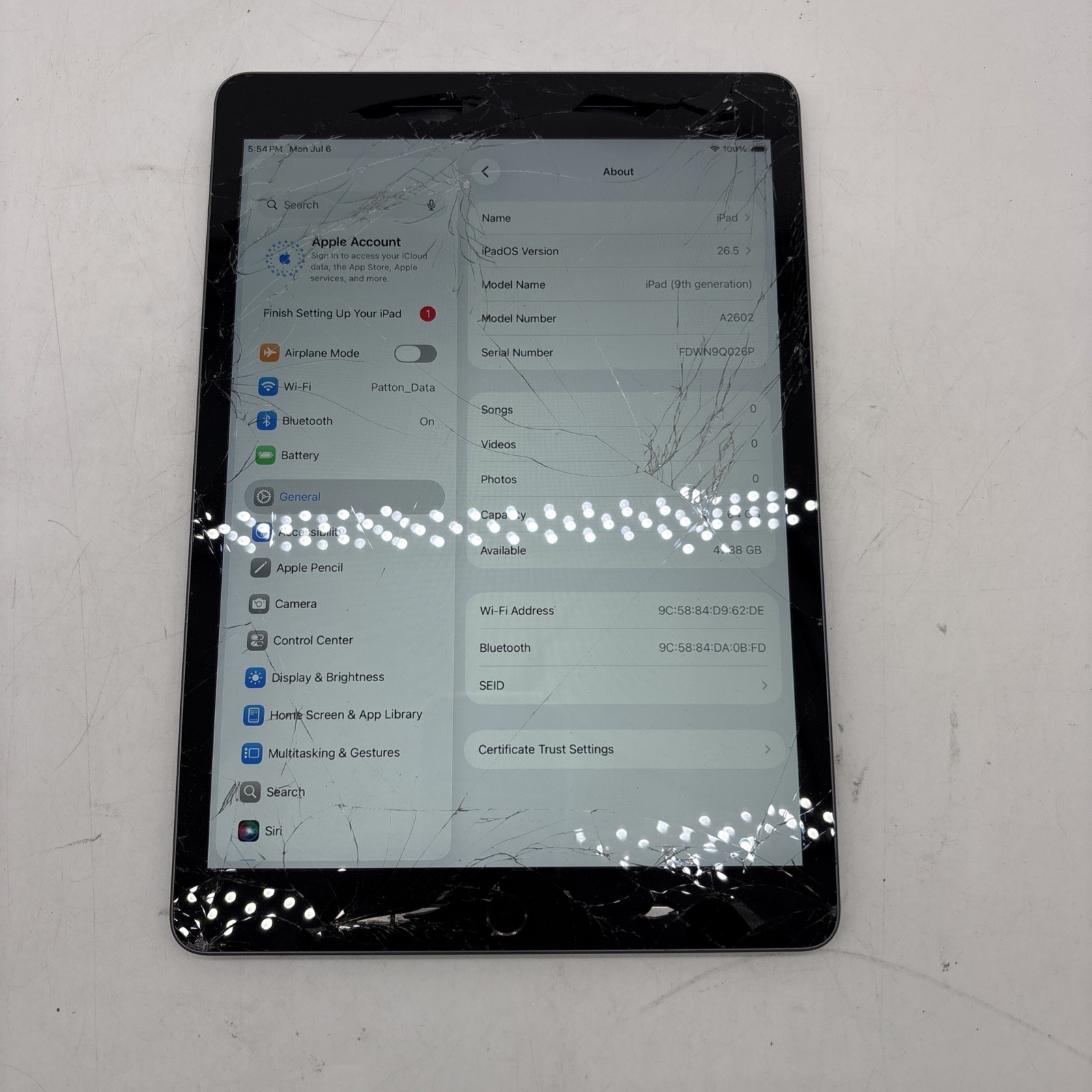 Apple iPad 9th Gen A2602 Tablet 64gb Space Gray