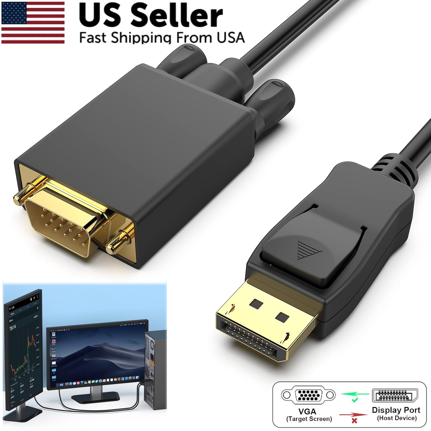 1/2 Pack DisplayPort to VGA Cable, Display Port DP to VGA Adapter Cord M to M HD