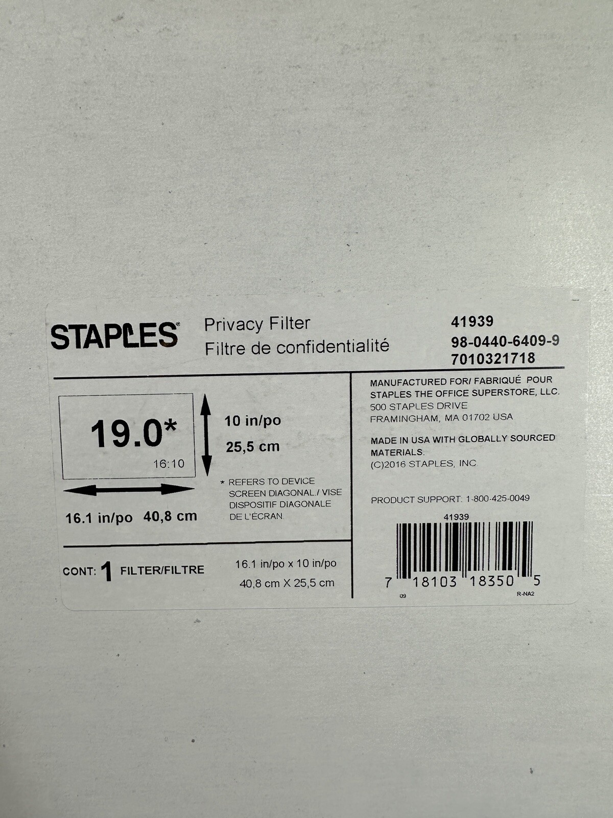 Staples 41939 Laptop 19.0W 19” Widescreen Privacy Screen Filter, Black, NEW