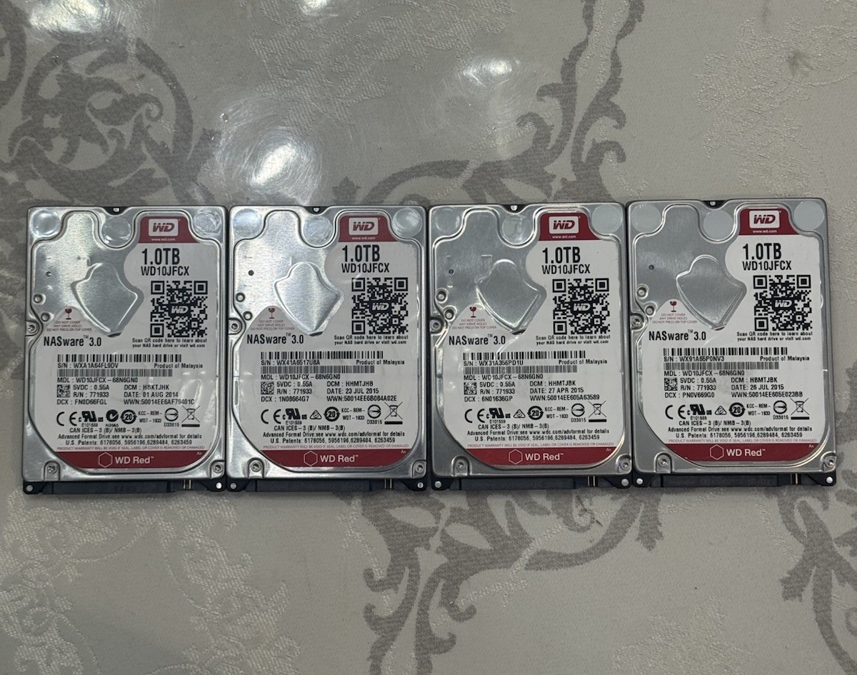 Lot of 4 WD Red 1TB 2.5″ NAS HDD WD10JFCX 5400RPM SATA III NASware 3.0 Tested