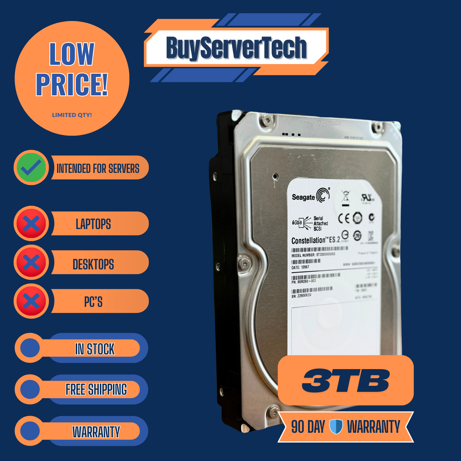 ST33000650SS Seagate 3TB 7.2K RPM 6Gbps 3.5″ SAS HDD Hard Drive (ST33000650SS)