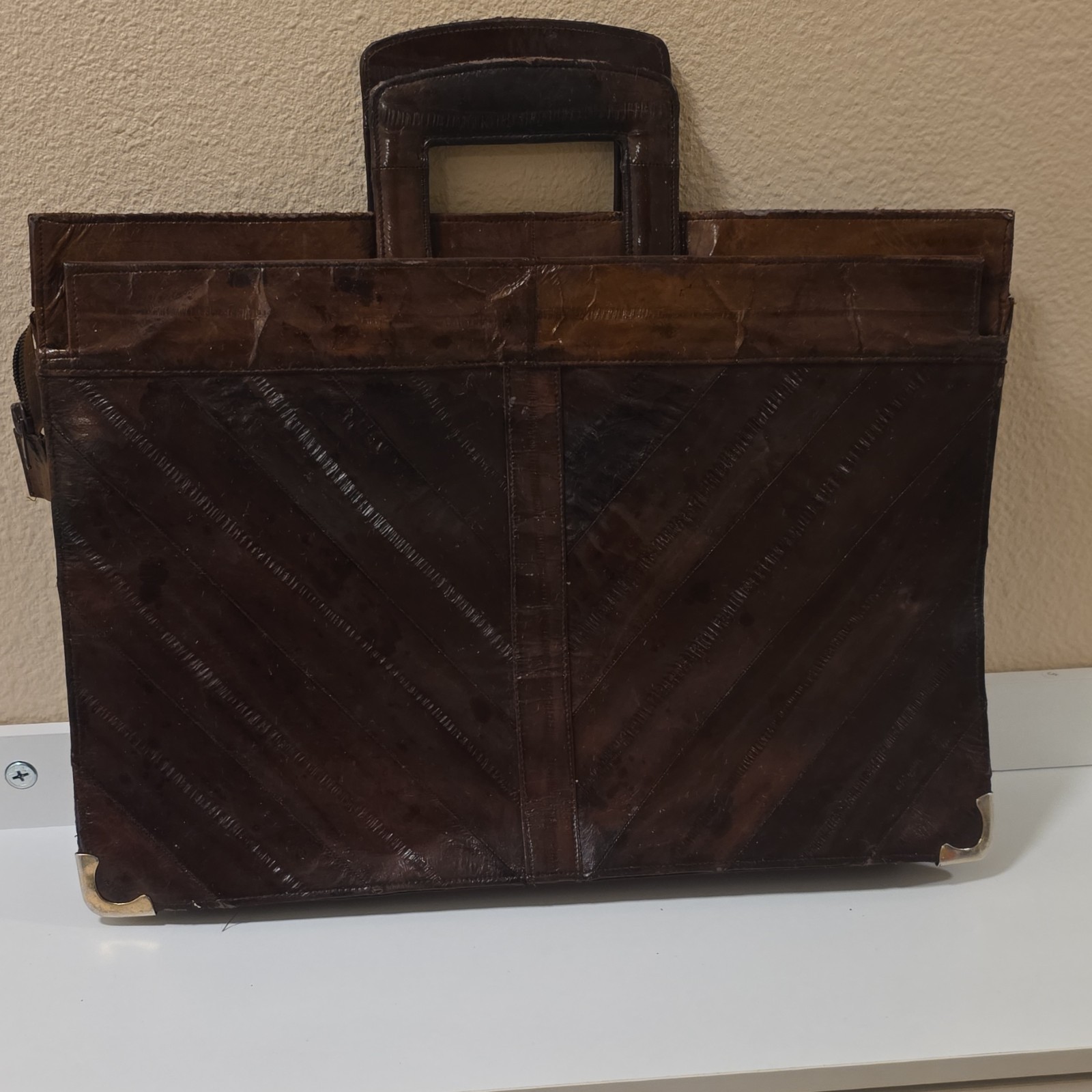 Eel Skin Brown Leather Briefcase Chevron Pattern Portfolio, Zipper Closure