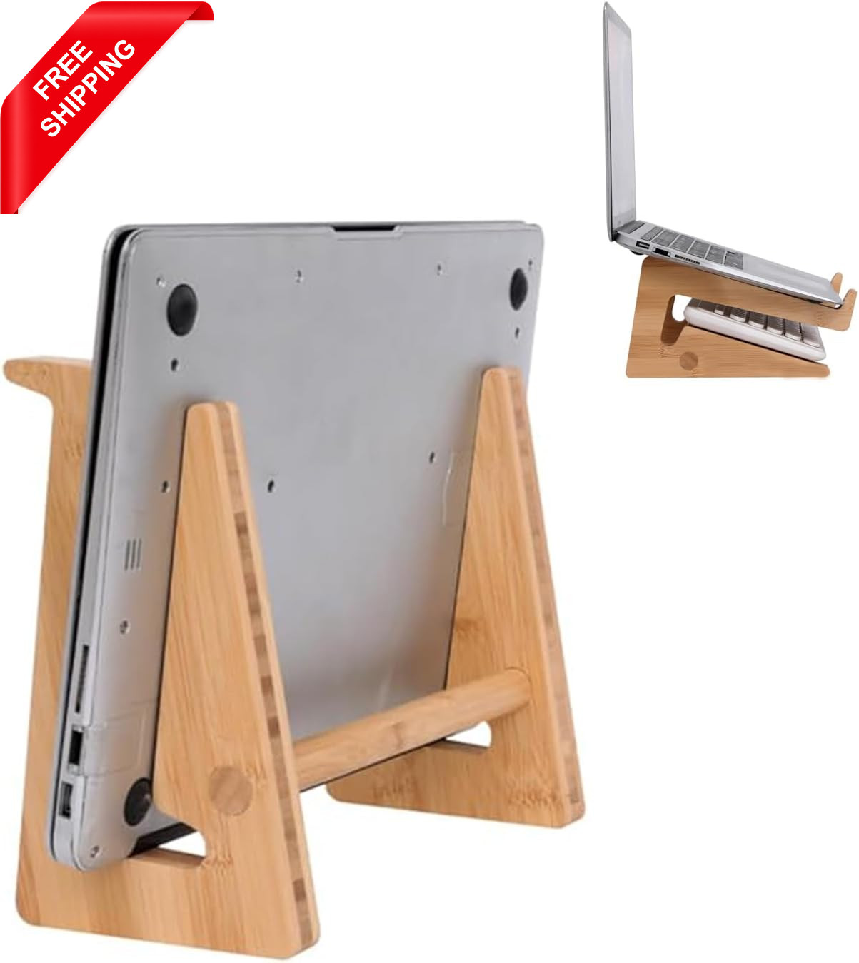 Wooden Vertical Laptop Stand for Desk, Bamboo Laptop Holder Compatible with Macb