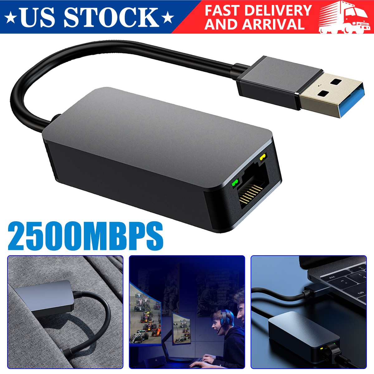 USB 3.0 to 2.5G Ethernet Adapter 2500Mbps RJ45 for MacBook PC Switch
