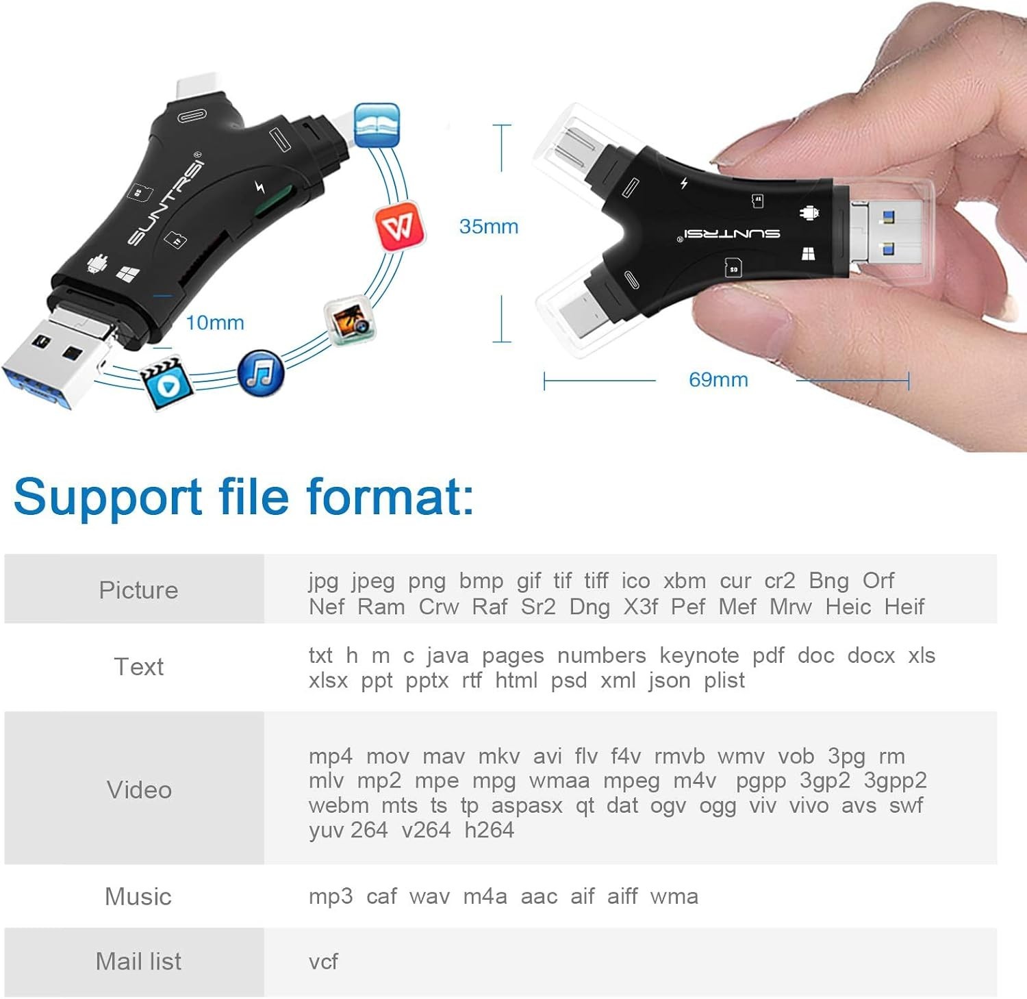 4-in-1 SD Card Reader for iPhone, Android, Mac, and Camera with Charging Port
