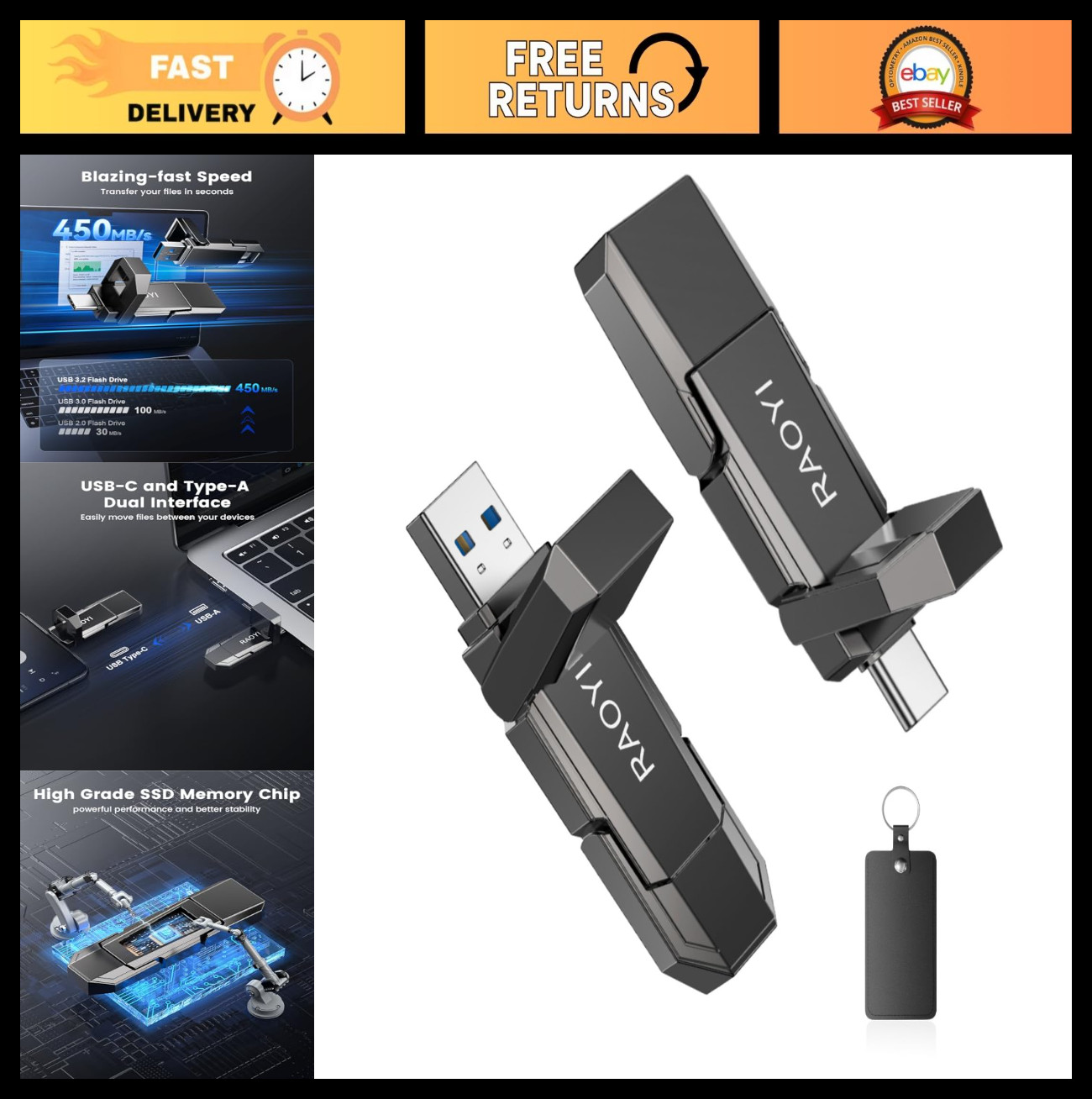 256GB Portable USB C External SSD, 2-in-1 Solid State Drive, 450MB/s Speed, Dual