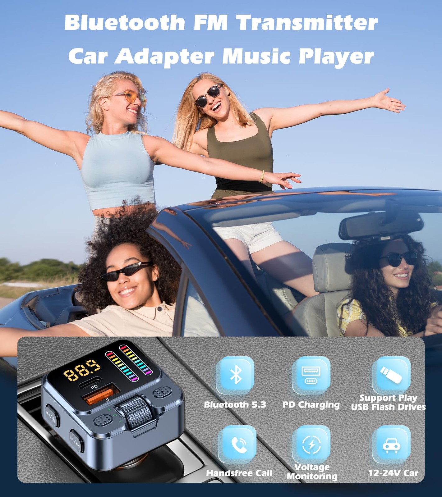 Bluetooth 5.3 Car Adapter with FM Transmitter 42W PD Fast Charging, Wireless…