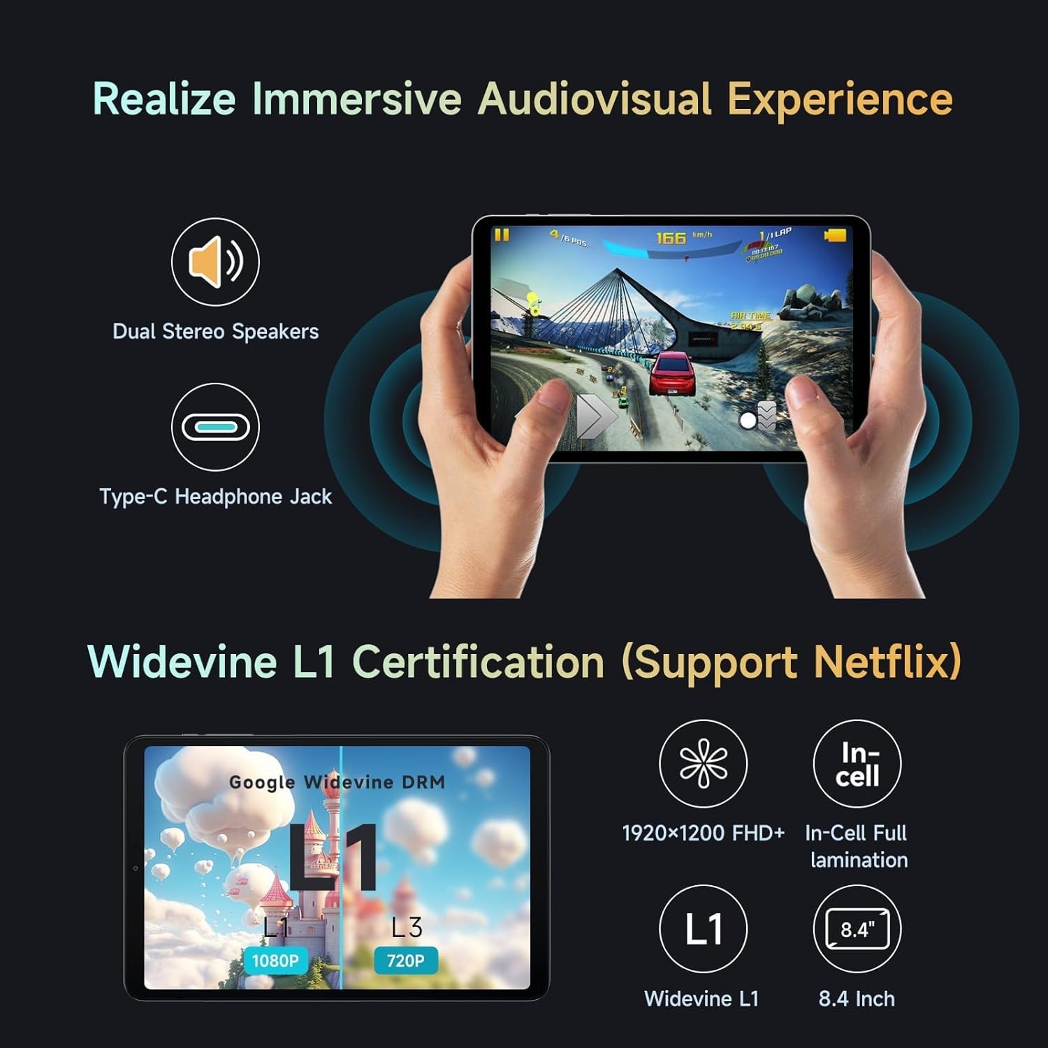 ALLDOCUBE Android 14 Tablet 8.4 in 16+256GB FHD 1920×1200 Widevine L1 4G