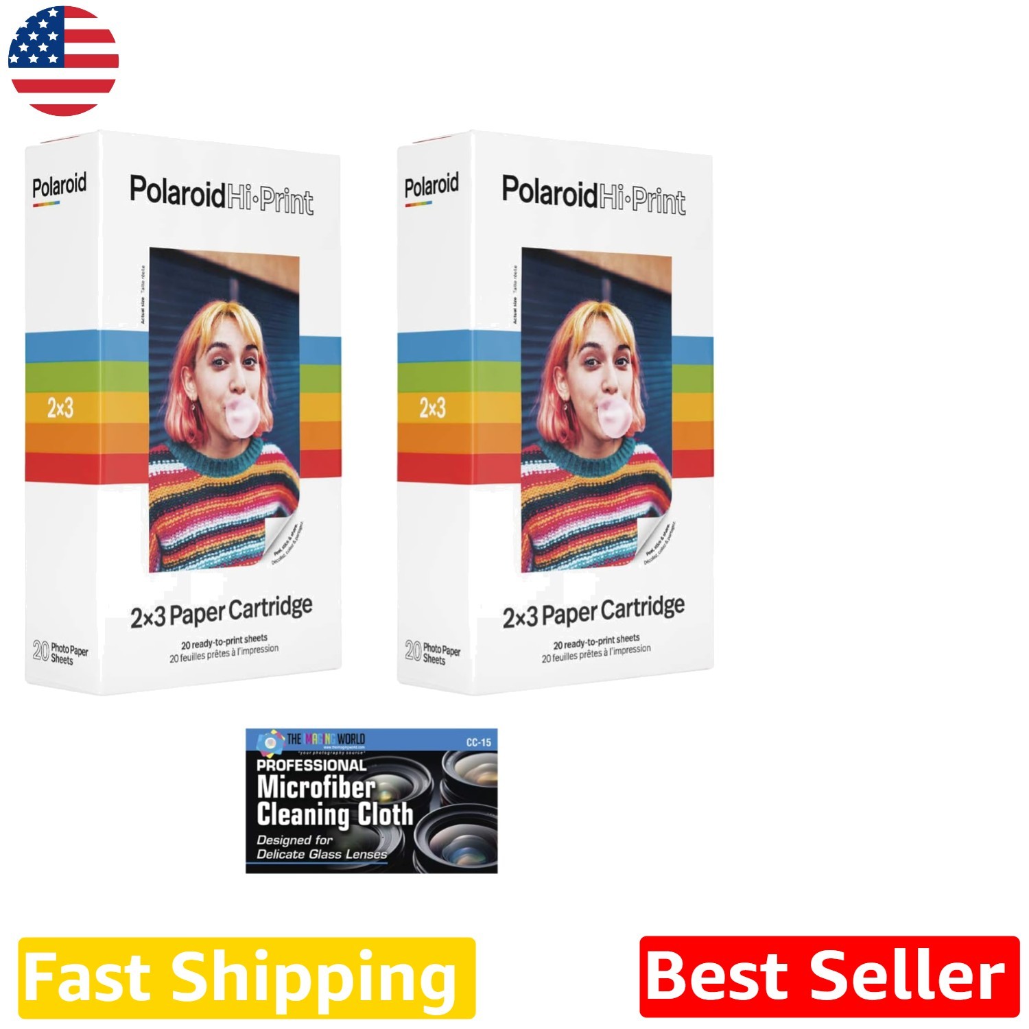 Polaroid Hi-Print 2×3″ Photo Paper 40 Sheets Glossy Self-Adhesive + Cloth
