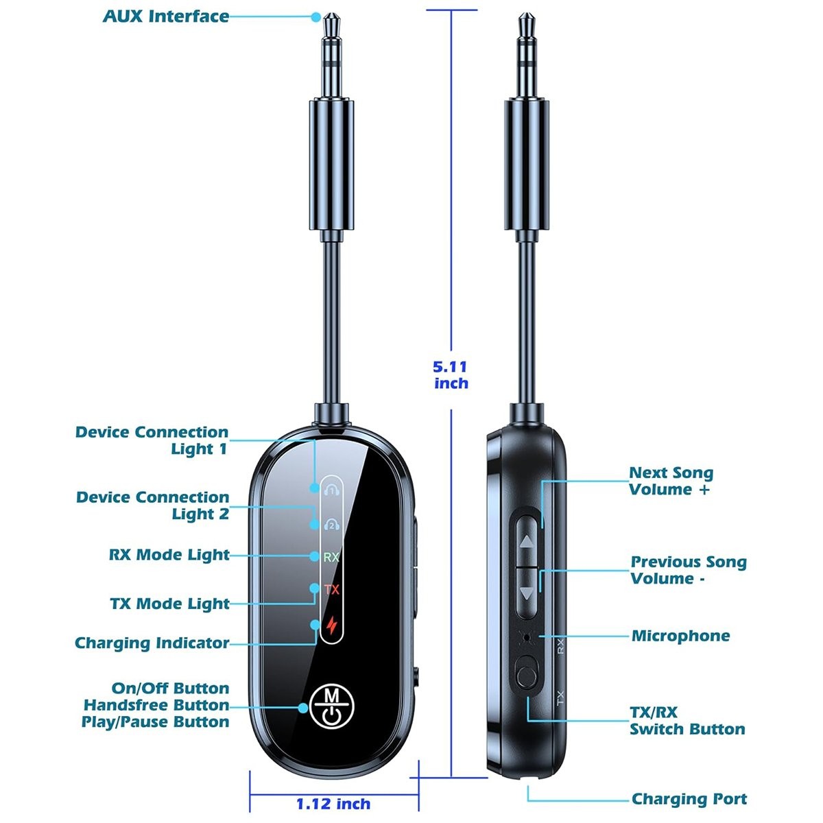 Bluetooth 5.4 Transmitter Receiver 2 IN 1 Wireless Audio 3.5mm Jack Aux Adapter