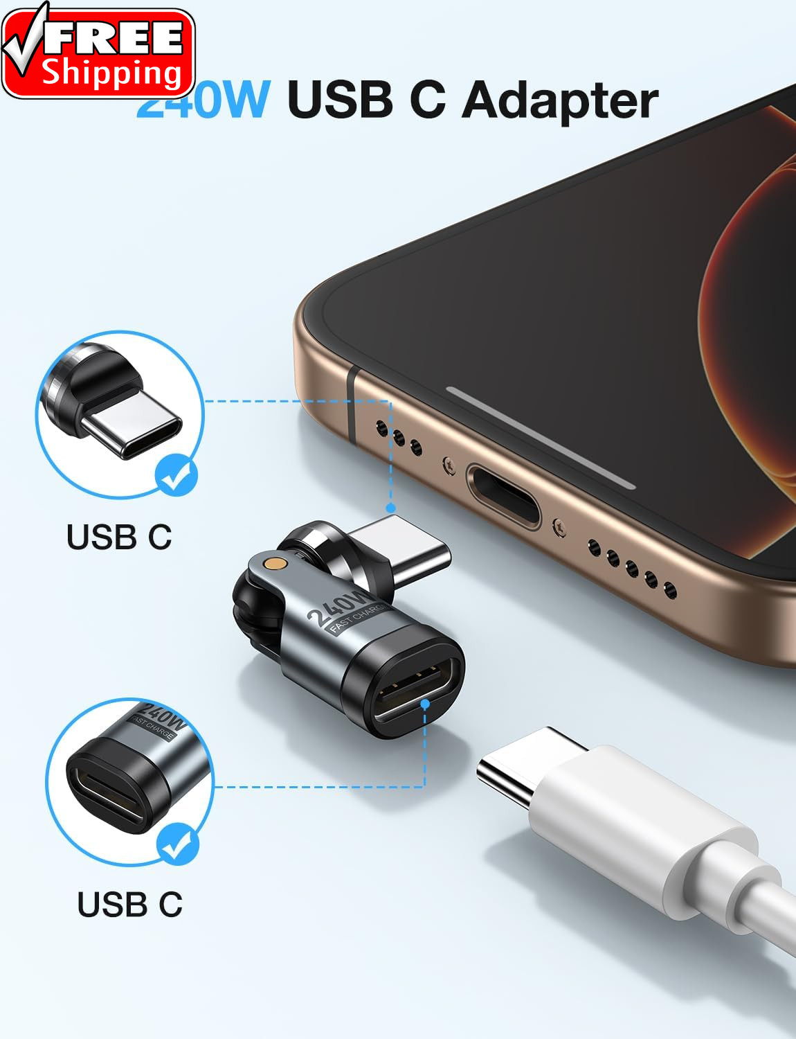 USB C Adapter [2-Pack], PD 240W USB C 90 Degree Adapter, USB Type C Right Angle