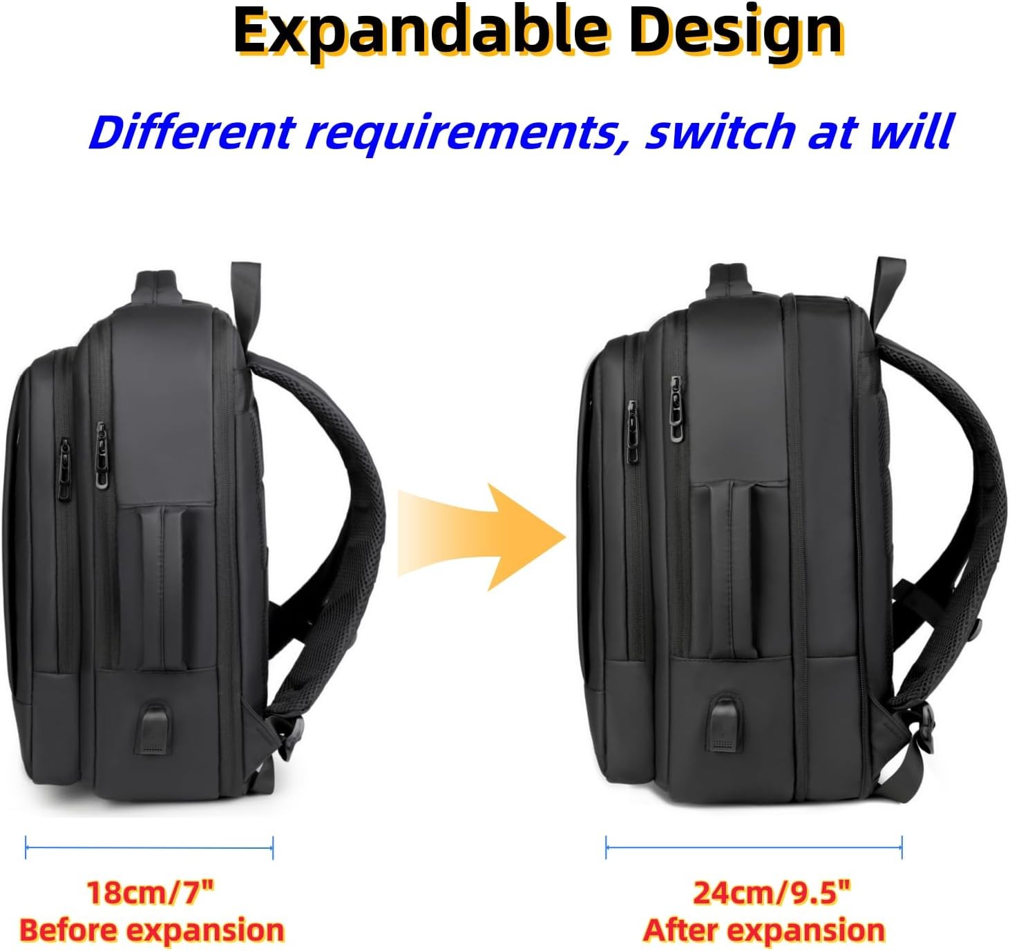 Expandable 17″ Laptop Backpack, USB, Water-Resistant, Carry-on