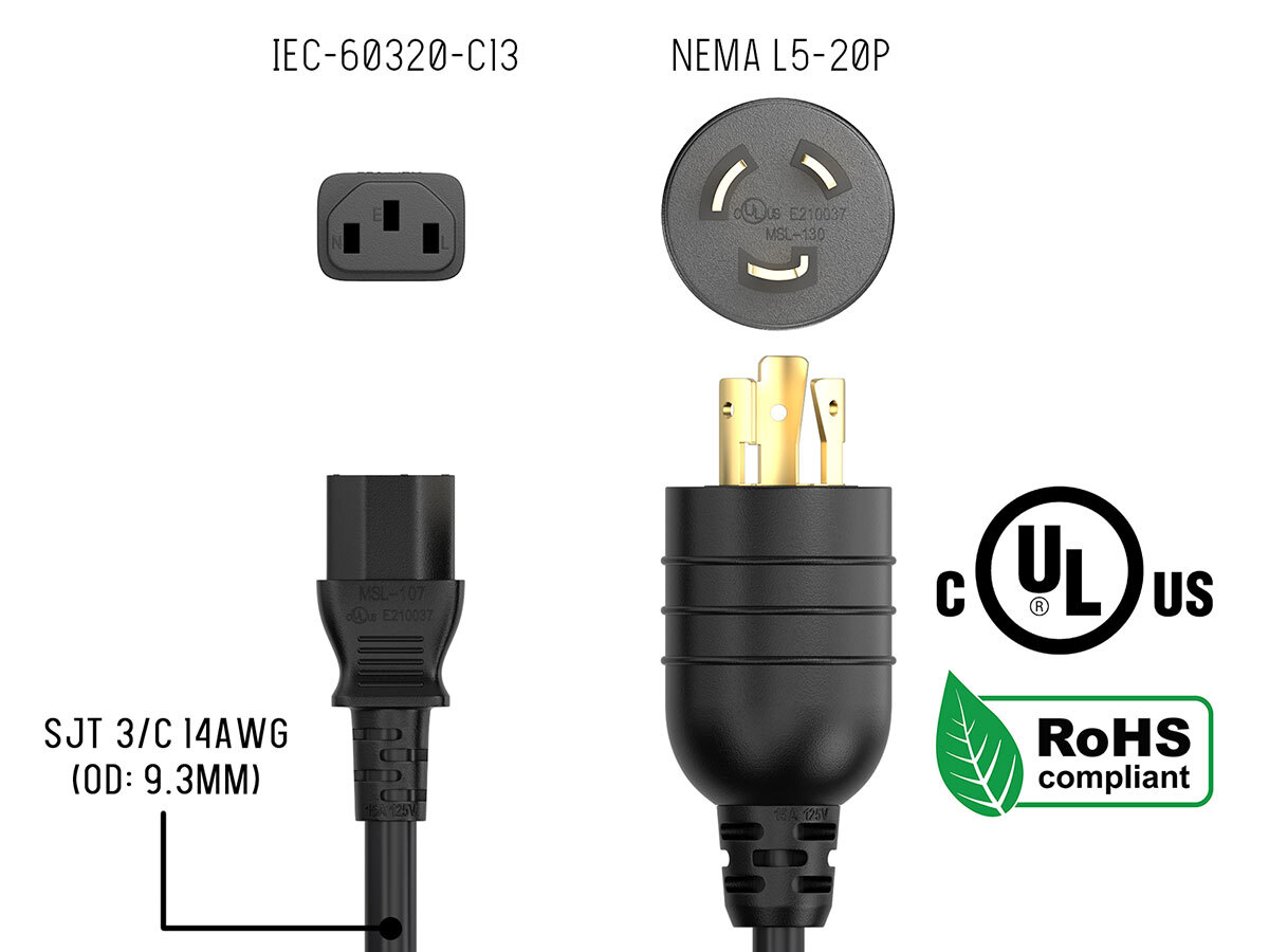 8ft NEMA L5-20P to C13 Heavy Duty Power Cord, 14 AWG, 15A/125V, Black