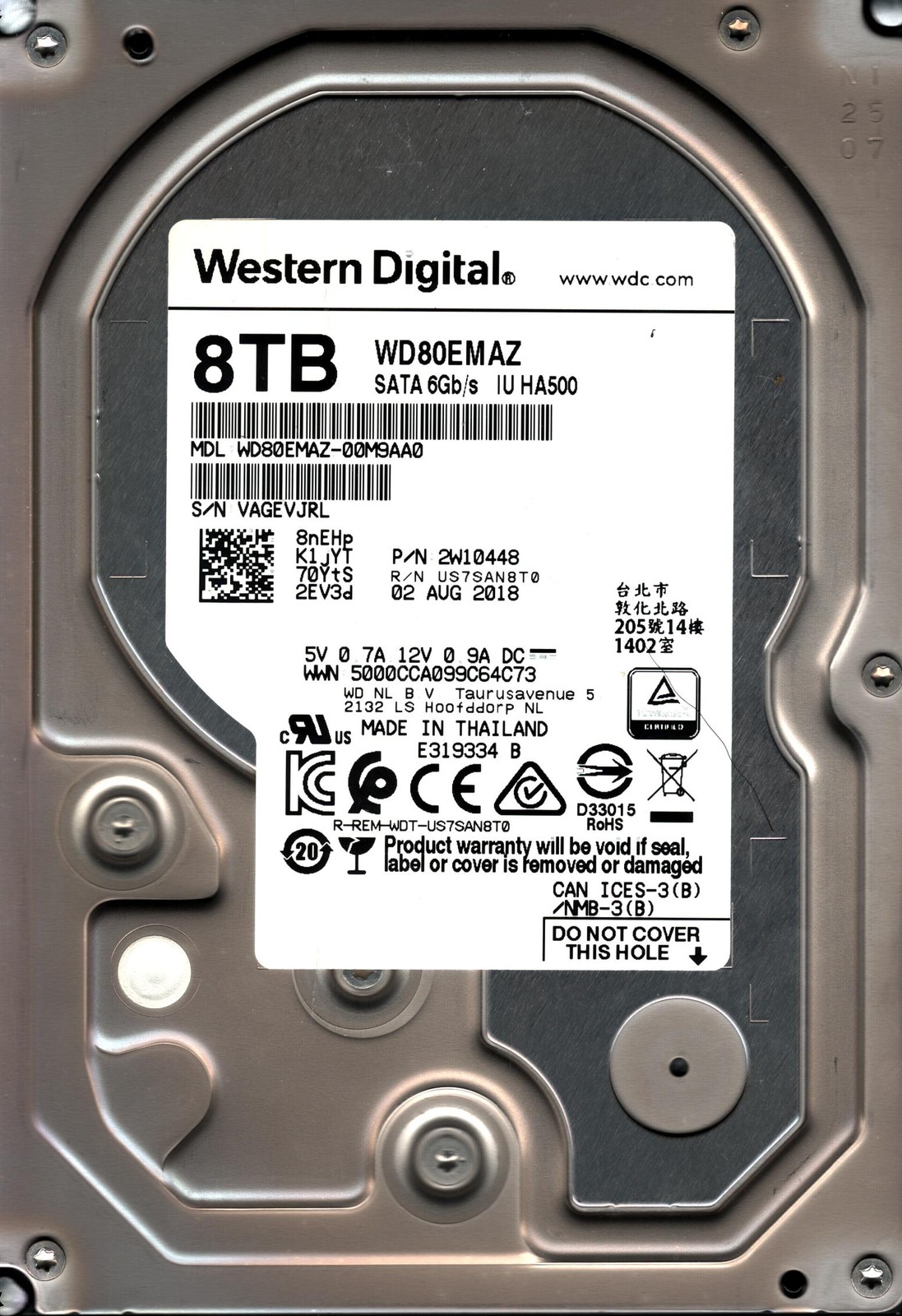 WD80EMAZ-00M9AA0 S/N: VAGEV WESTERN DIGITAL 8TB THAILAND AUG 2018