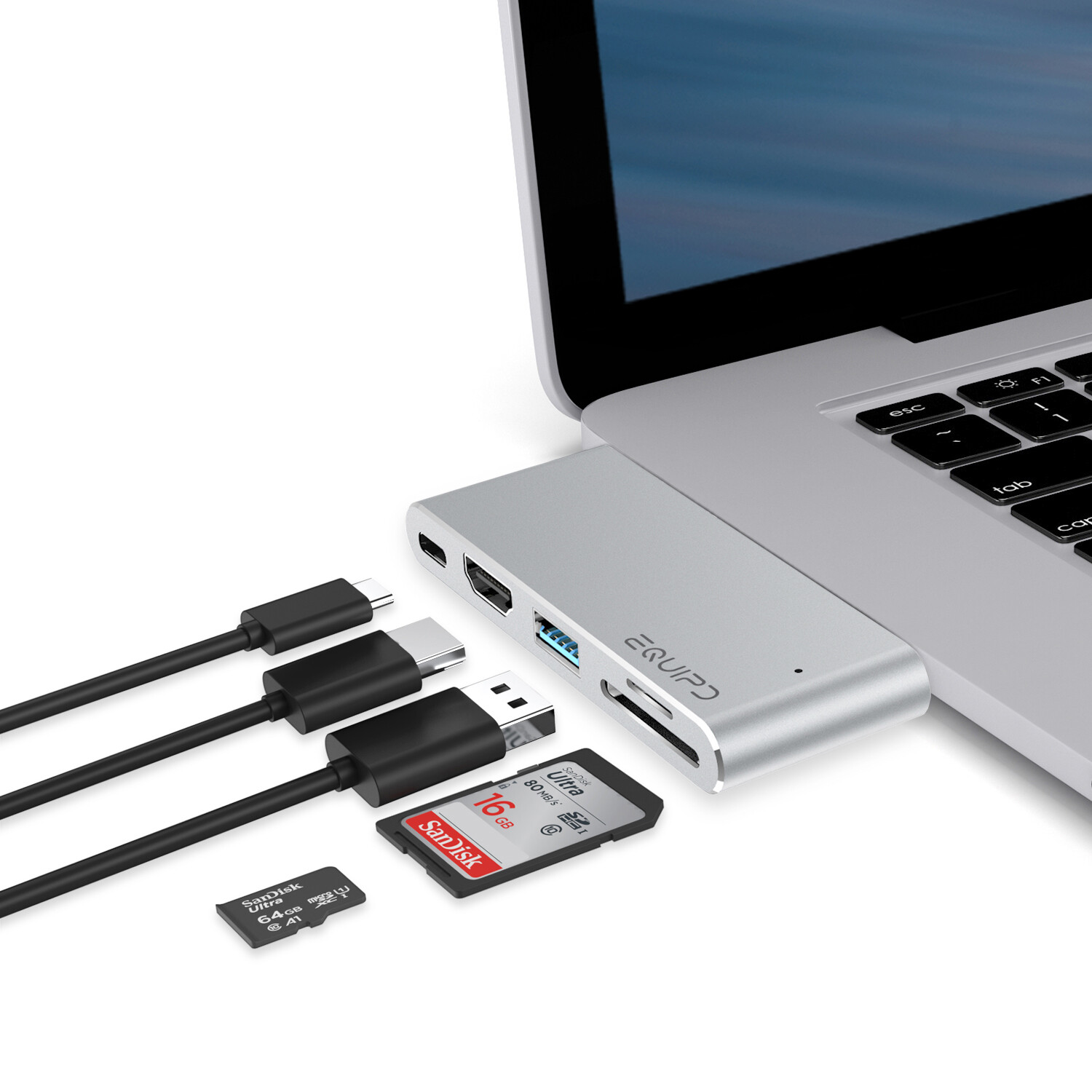 Aluminum USB-C Hub w/4K HDMI, Thunderbolt 3, USB 3, Card Reader for Macbook Pro