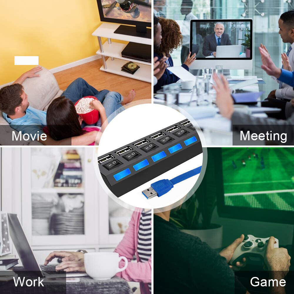 7 Port USB 2.0 / 3.0 Hub Splitter Adapter High Speed For PC Laptop Mac Desktop