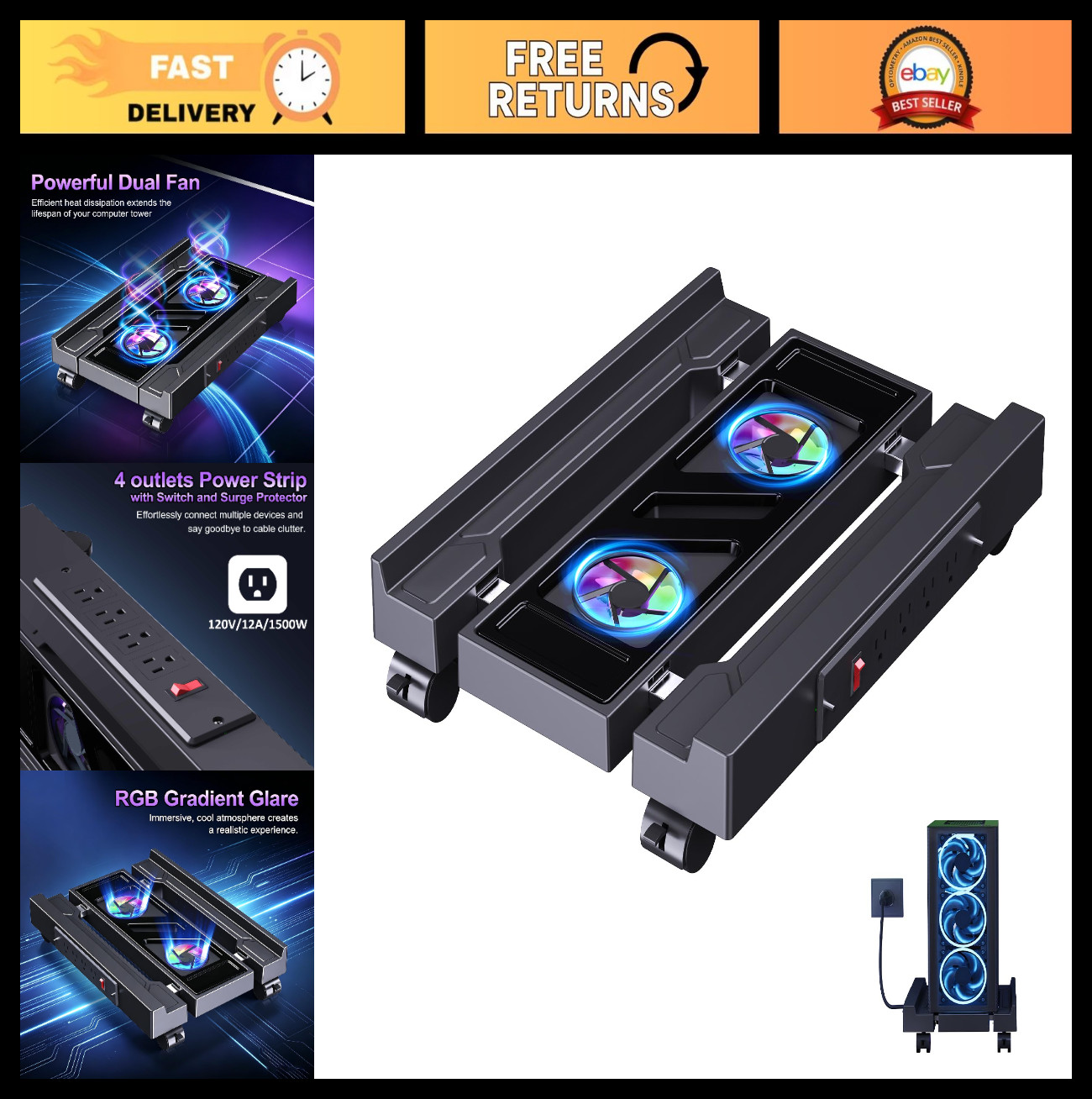 Adjustable Mobile PC Tower Stand with Cooling Fans & RGB Light, 4 Locking Wheels
