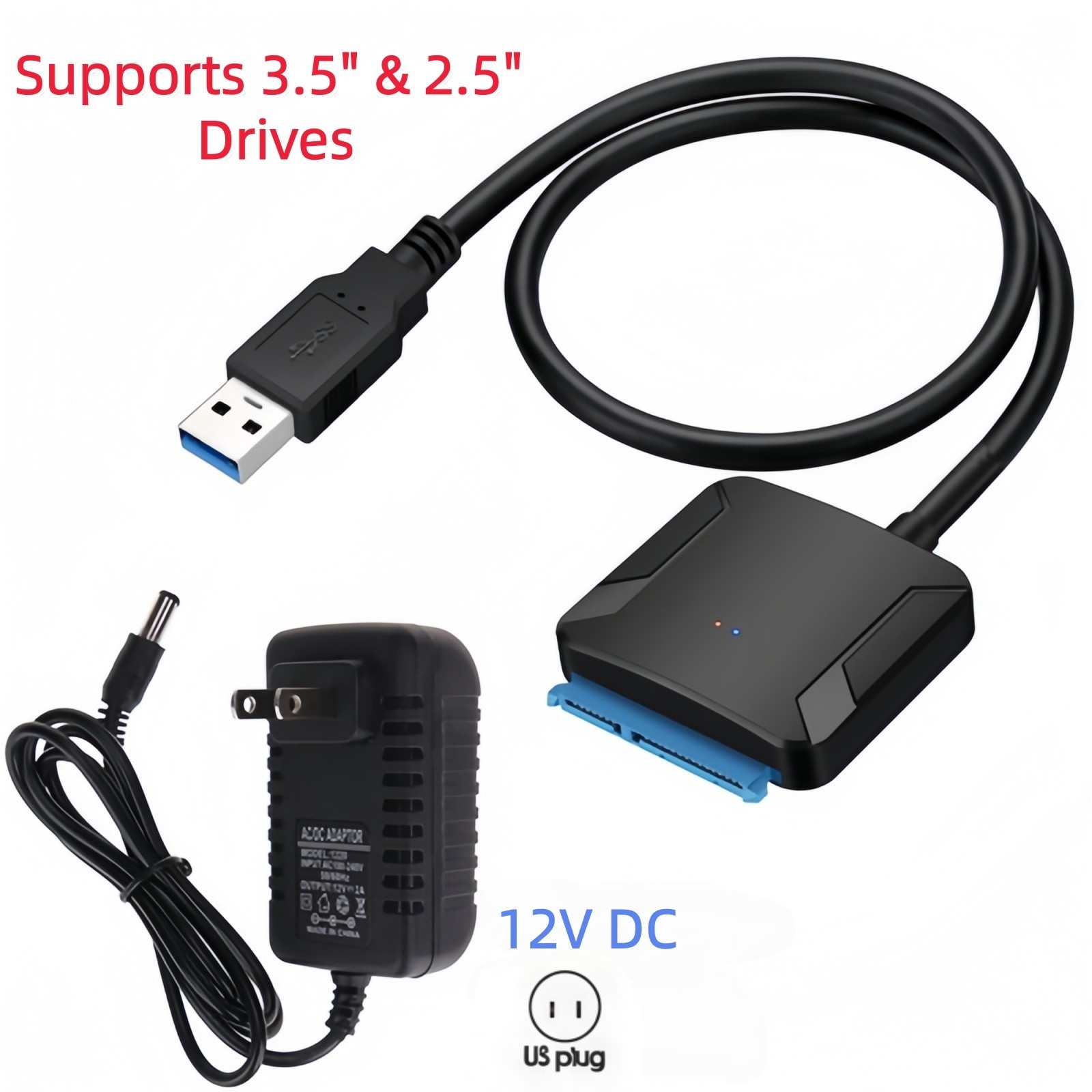 USB 3.0 to SATA III Cable Adapter Kit with 12V Power Supply for 2.5 3.5 HDD SSD