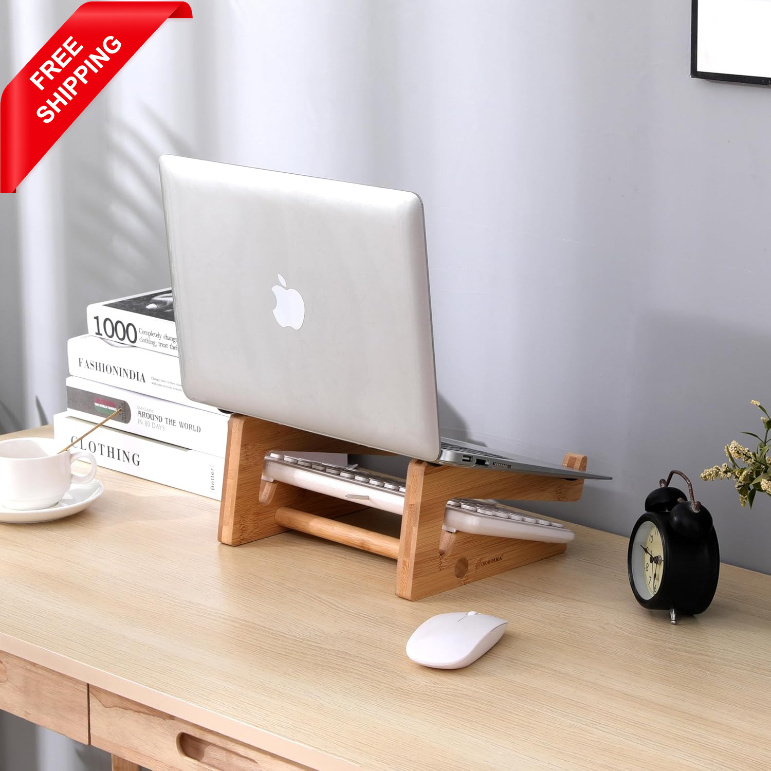 Wooden Vertical Laptop Stand for Desk, Bamboo Laptop Holder Compatible with Macb