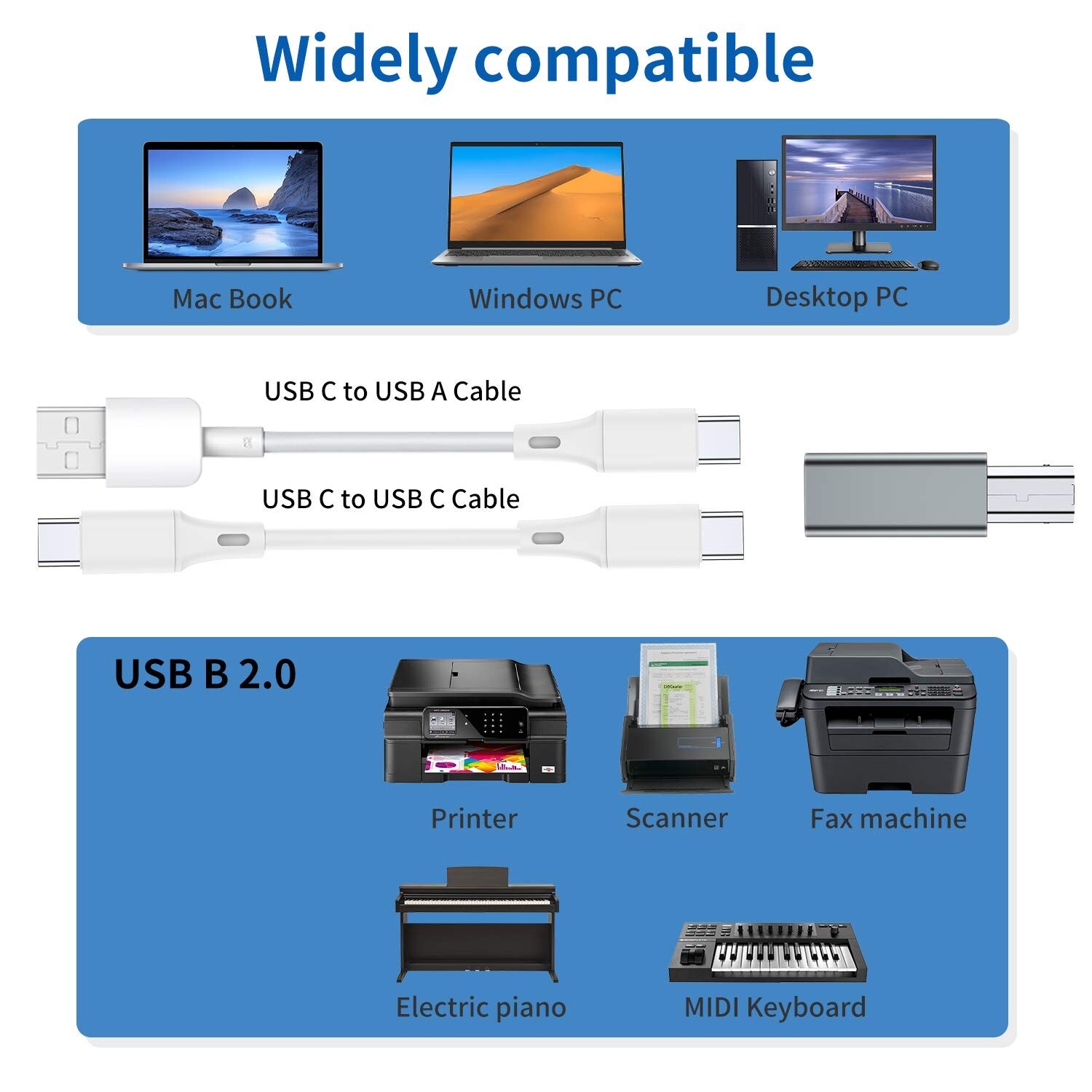 USB C Female to Printer Male Adapter 2-Pack USB Type C to USB B Convert Conn…