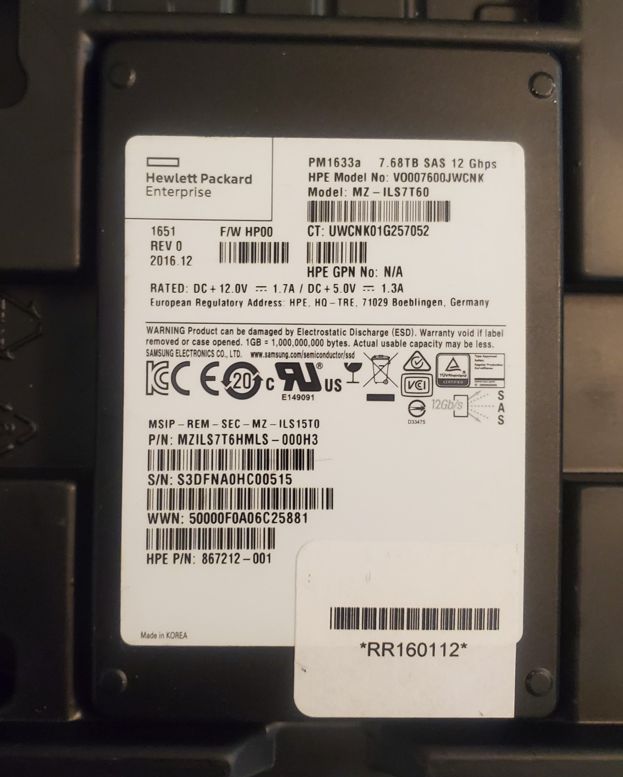 Samaung PM 1633a 7.68TB SSD unlocked