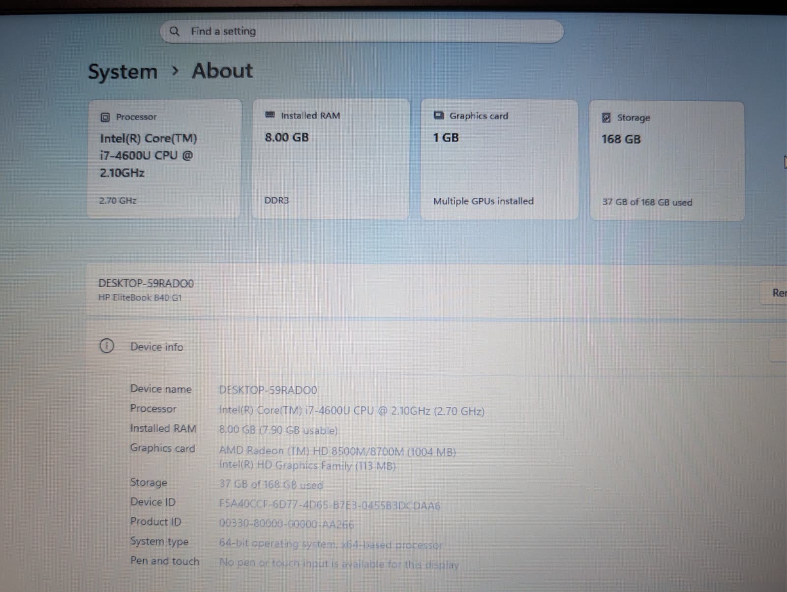 HP EliteBook 840 G1 | i7 4th Gen 8GB RAM 180GB SSD | HD+ AMD Radeon HD | Win 11