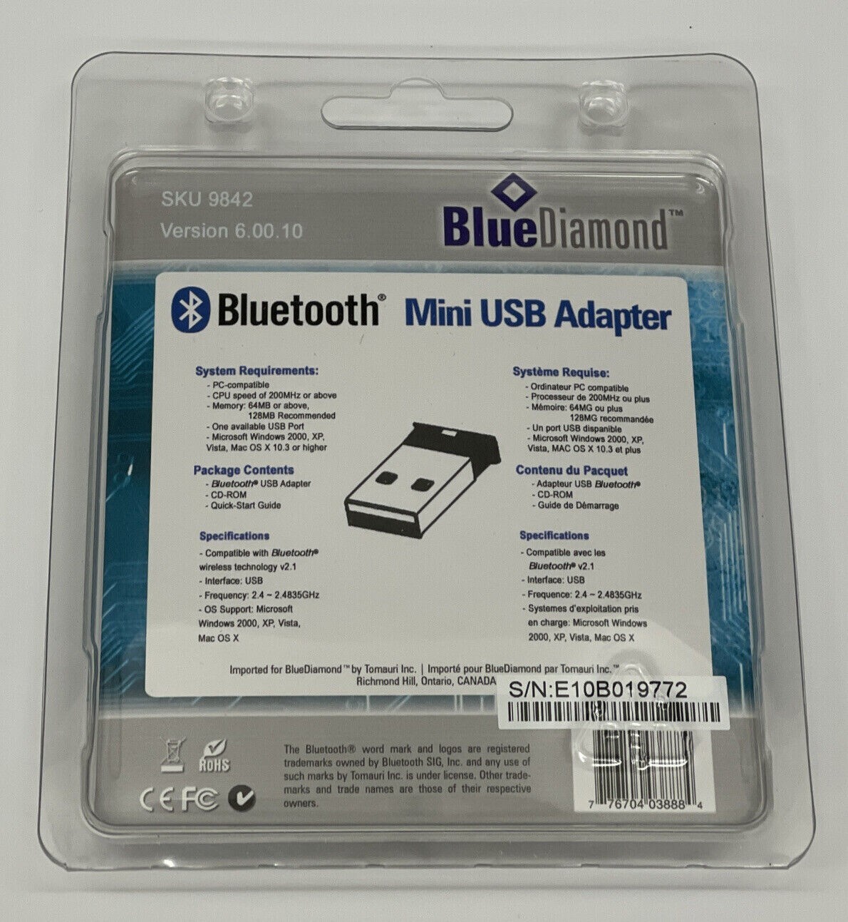 Bluetooth Mini USB Adapter Blue Diamond Class 2 Spec v 2.1 USB v1. 1/2.0