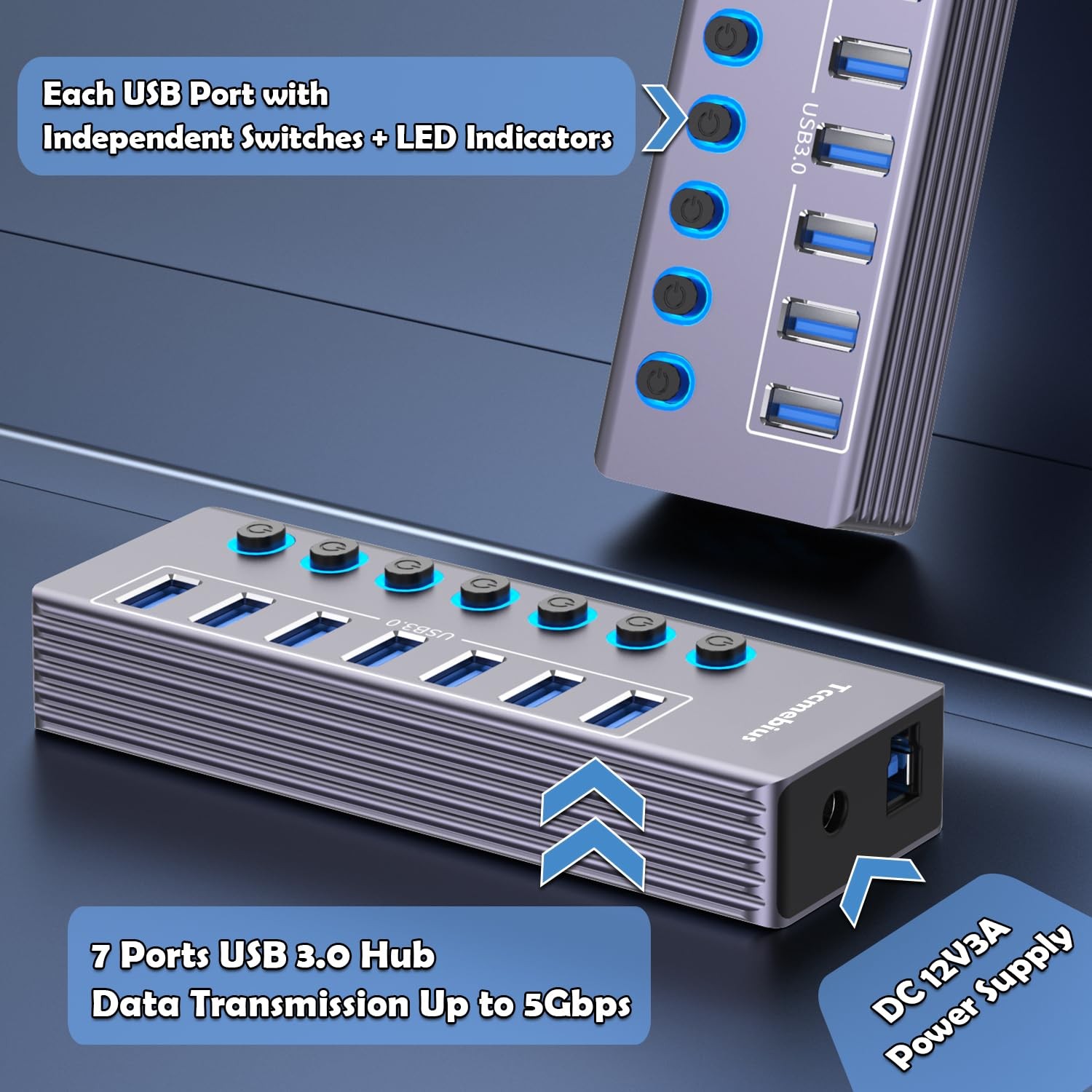 Powered 7port Usb 3.0 Hub Usb C To 7 Ports Usb Data Hub Splitter With Individual
