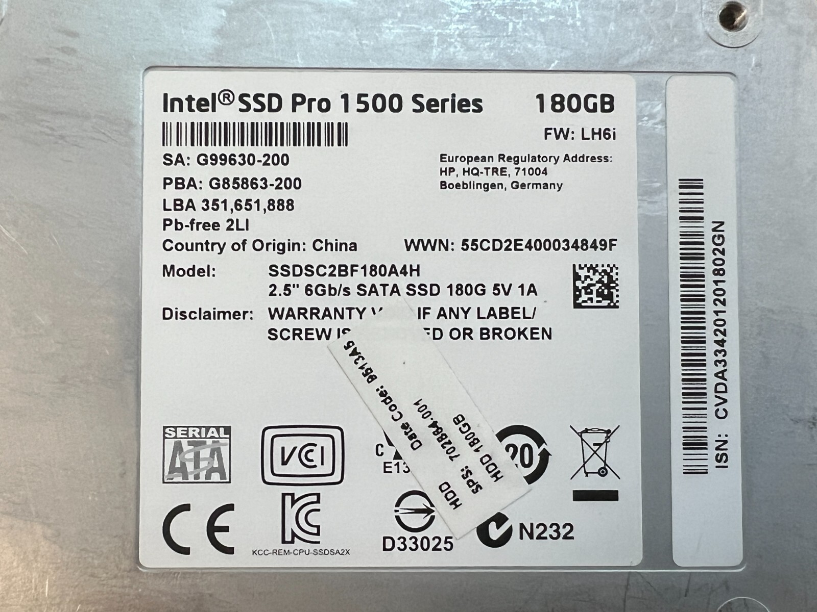 Intel SSD Pro 1500 Series 2.5″ 180GB SSD SSDSC2BF180A4H 735236-001 702864-001