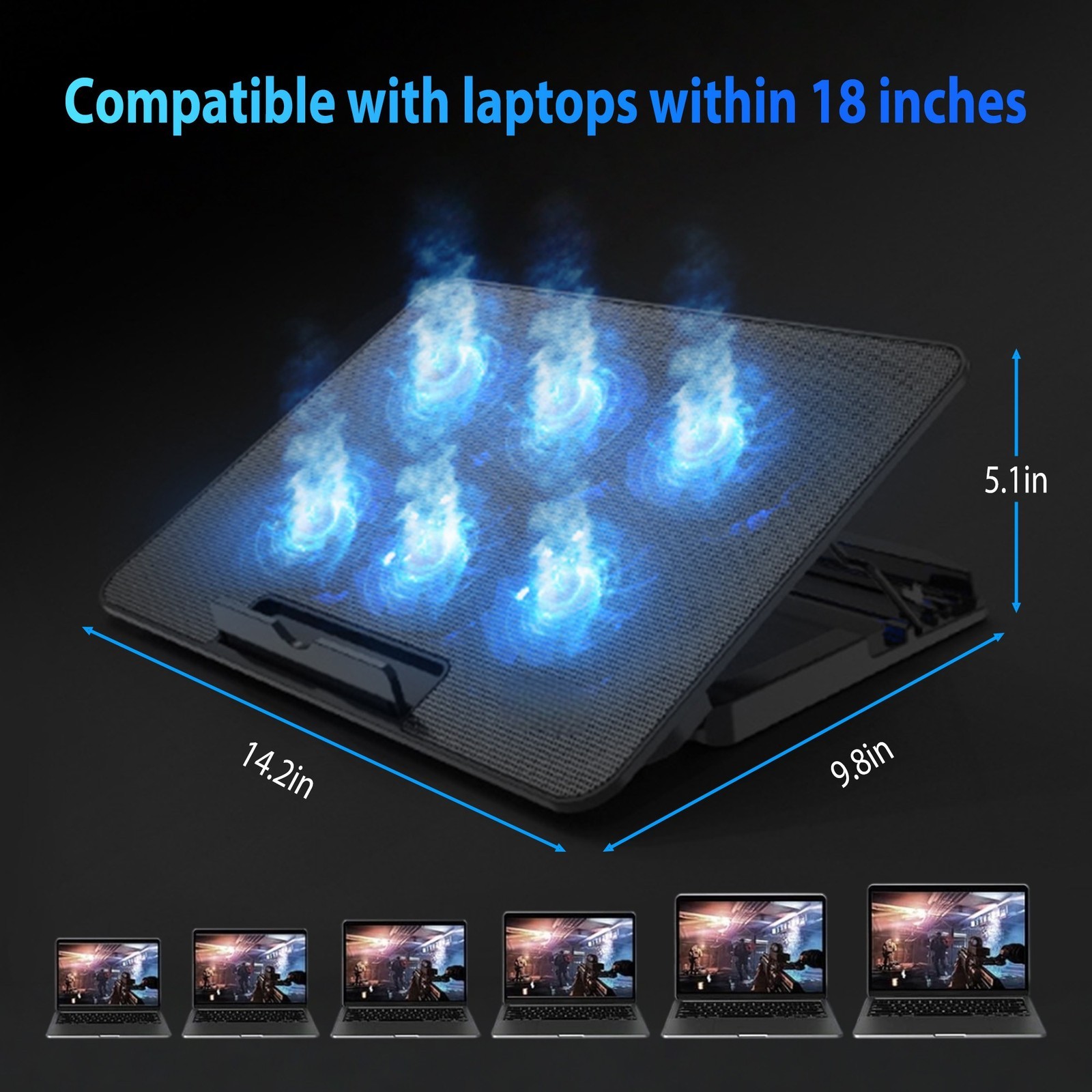 Upgraded Foldable Laptop 6 Quiet Cooler Cooling Pad Stand With Phone Holder