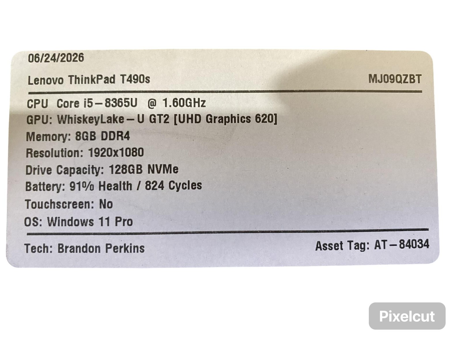 Lenovo ThinkPad T490s Core i5 8365U 8GB Win11Pro 128GB Battery Inc Grade C