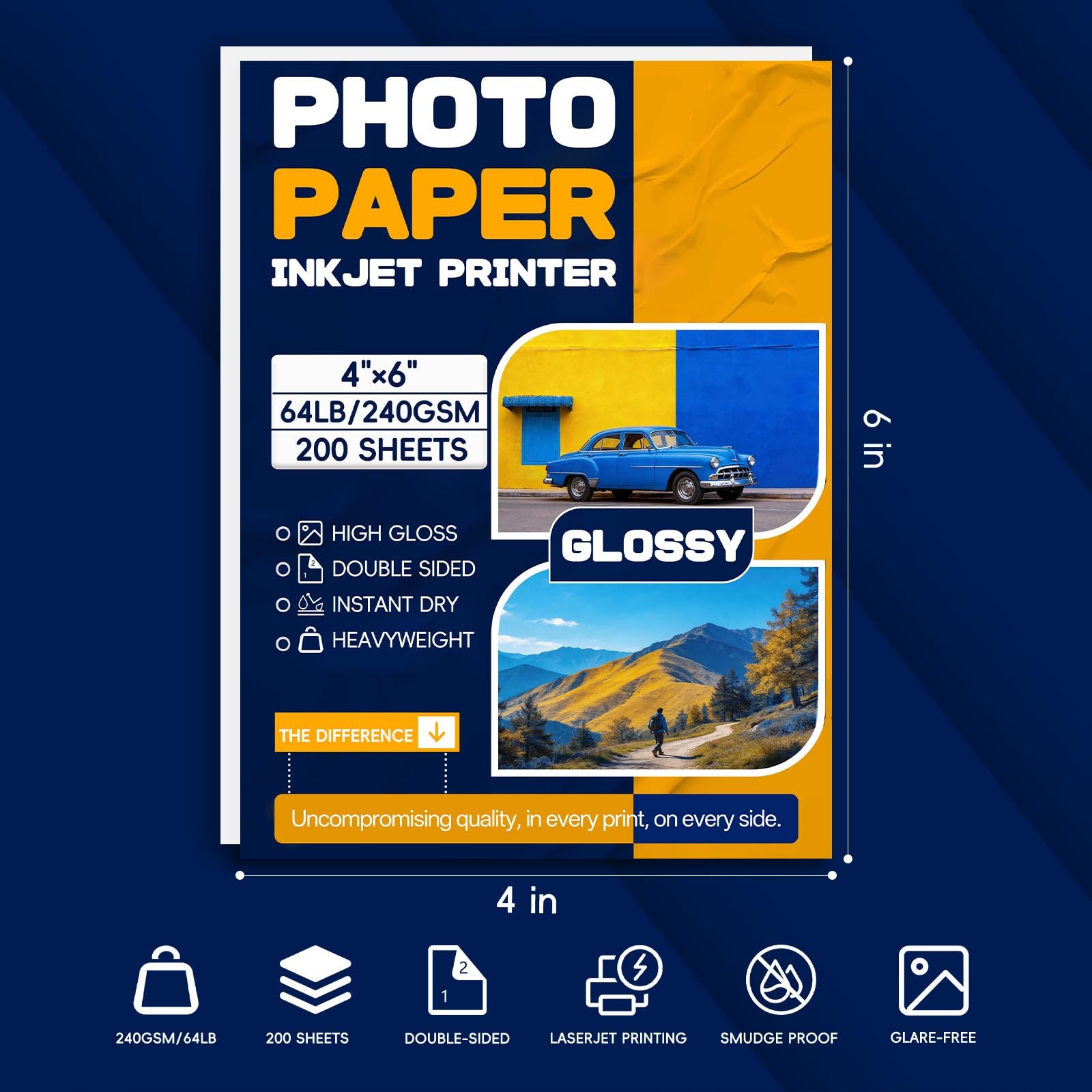 Inkjet Photo Paper 4×6 Inch Glossy Double Sided 200 Sheets 64 lb 240 gsm