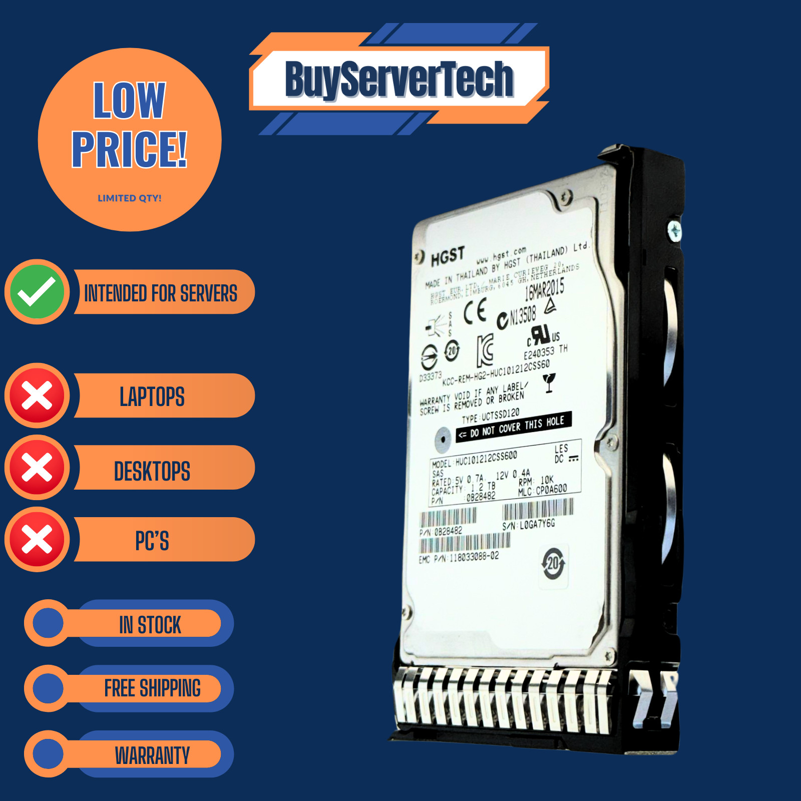 1.2TB 10K SAS 2.5″ HDD 6Gbps | 0 Hours | HP DL360 DL380 G8 G9 G10 | Tray | 1YR