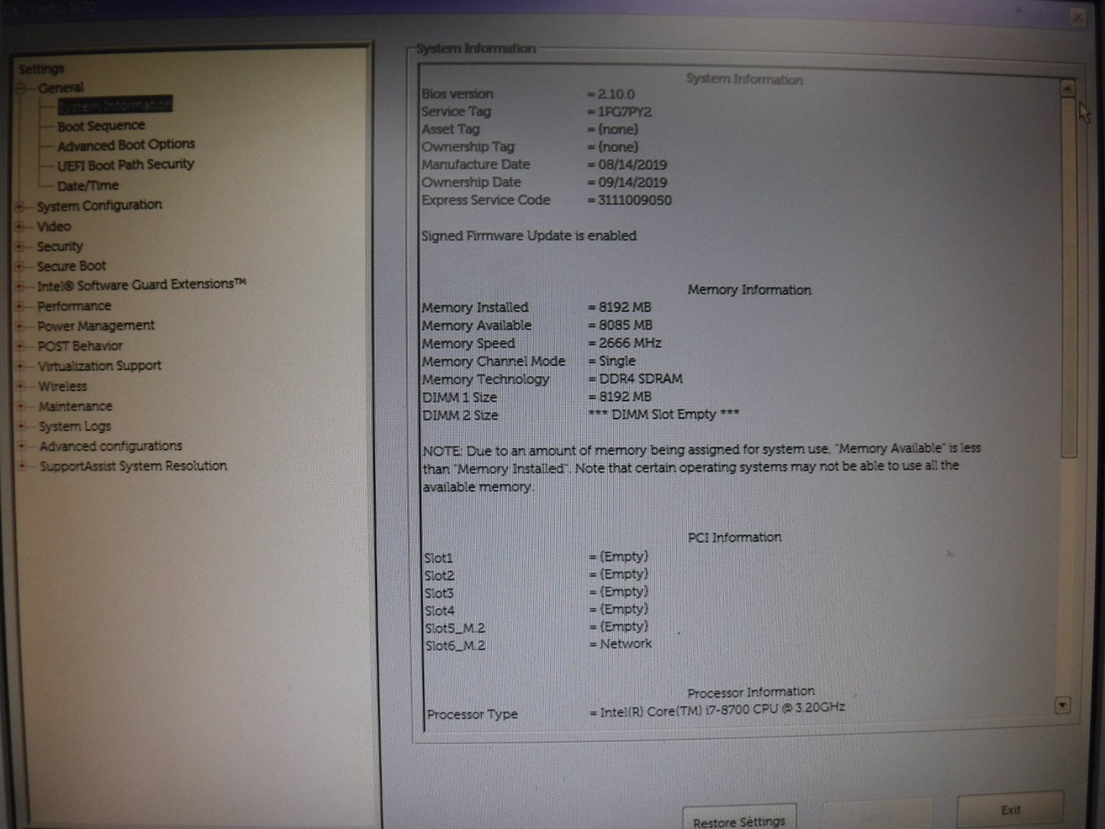 Dell Vostro 3670 Tower PC | Intel i7‑8700 3.2GHz | 8GB RAM | No HDD/OS | 1FG7PY2