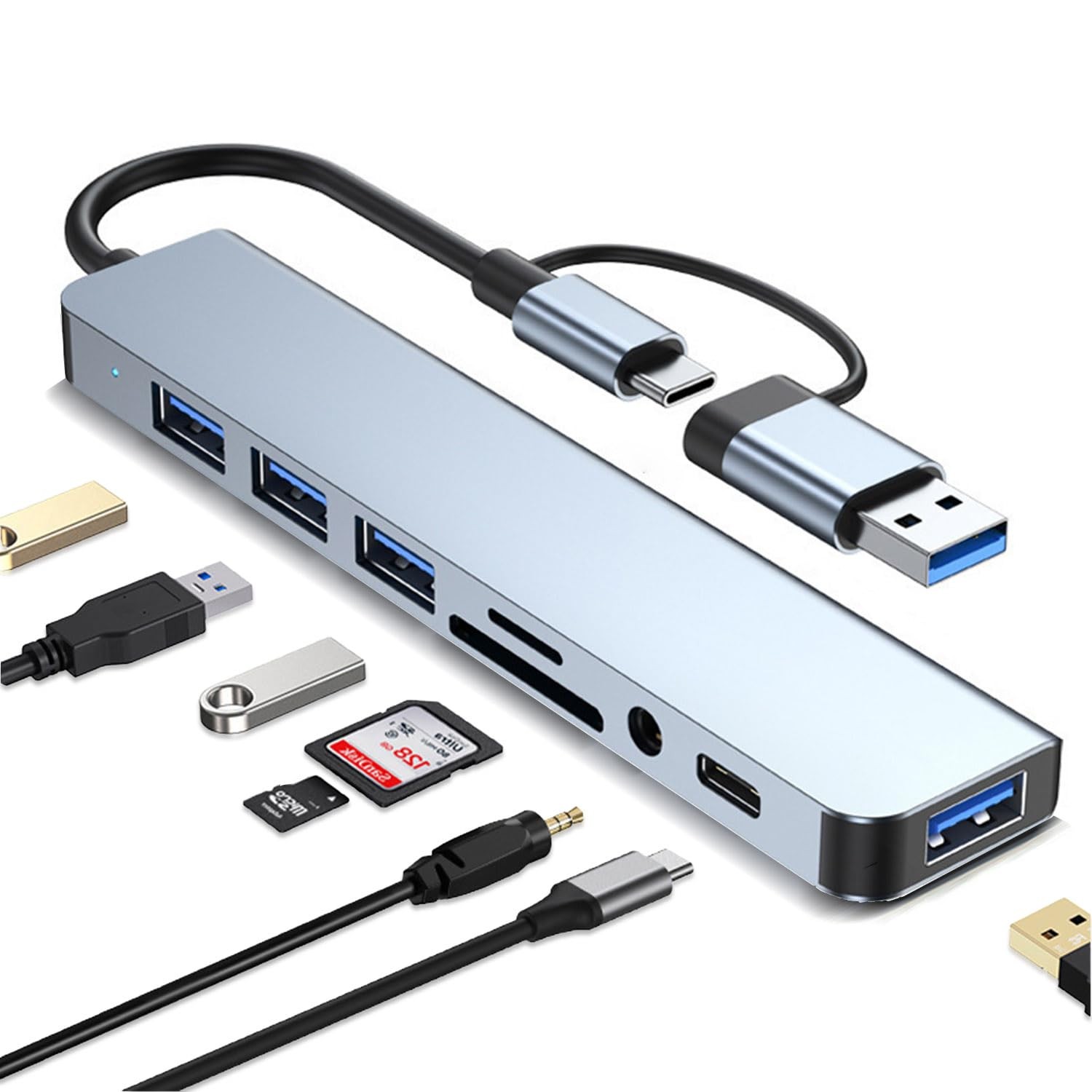 USB Hub USB Hub 3.0 with SD/TF Card Reader, 3.5mm Headphone Aux Jack, 8-in-1 …