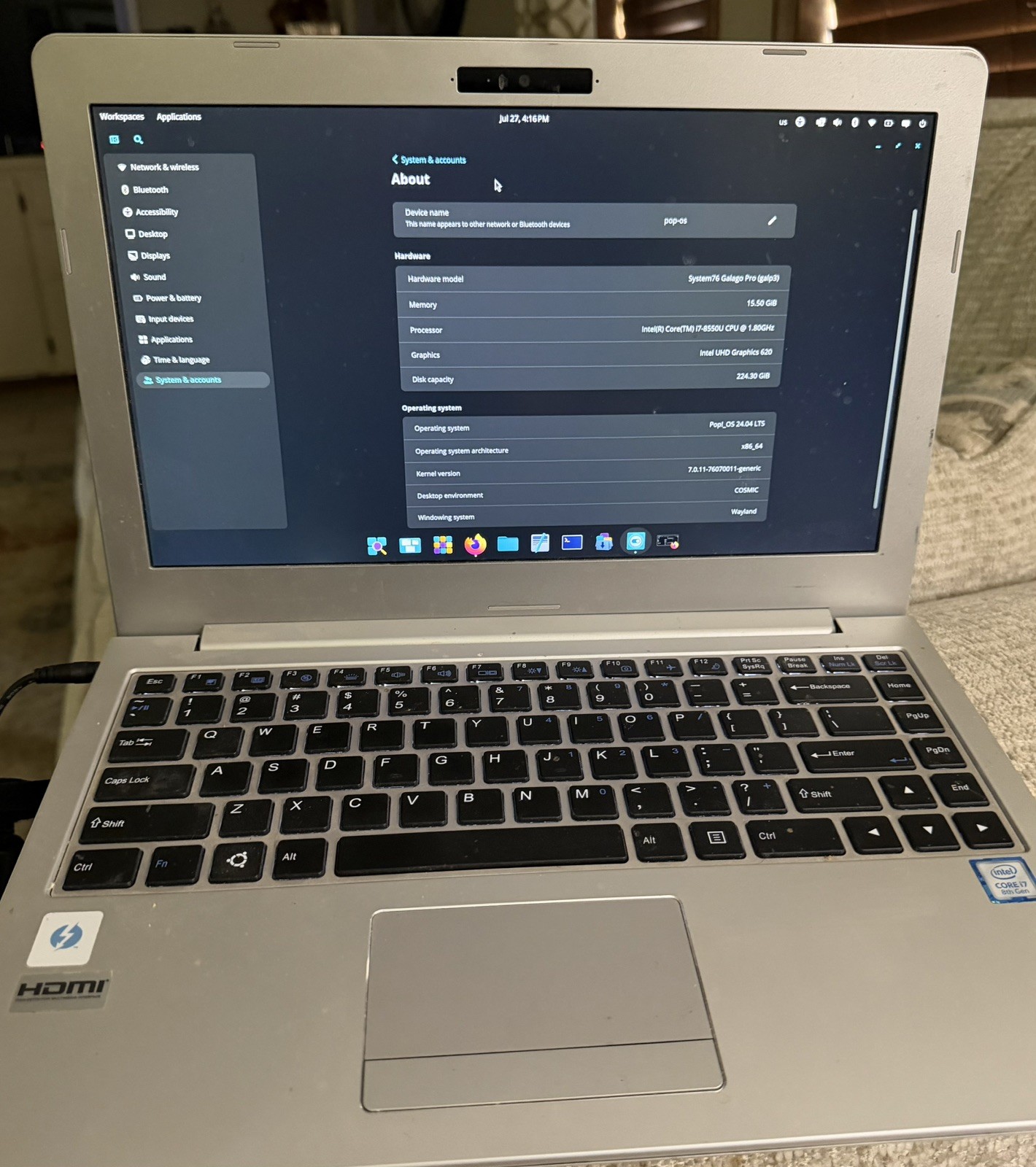 System76 Galago Pro galp3 i7-8550U 16GB SSD 1TB