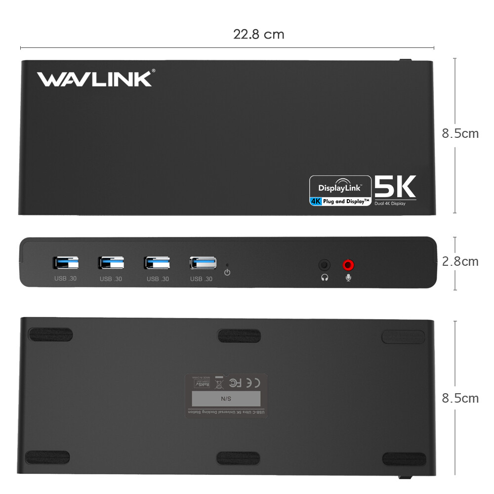 WAVLINK Dual HDMI Dual DP DisplayLink Docking Station USB C Hub RJ45 6*USB 3.0