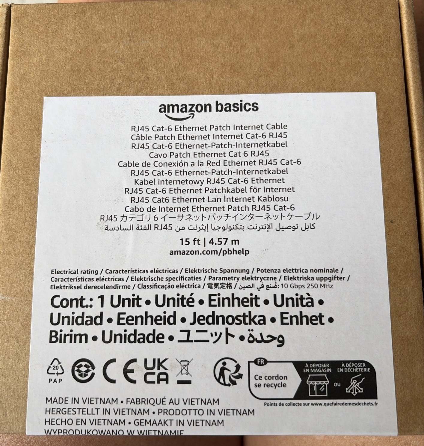 Amazon Basics RJ45 Cat 6 Ethernet Patch Cable, 10Gpbs High-Speed, 250MHz, 15 FT