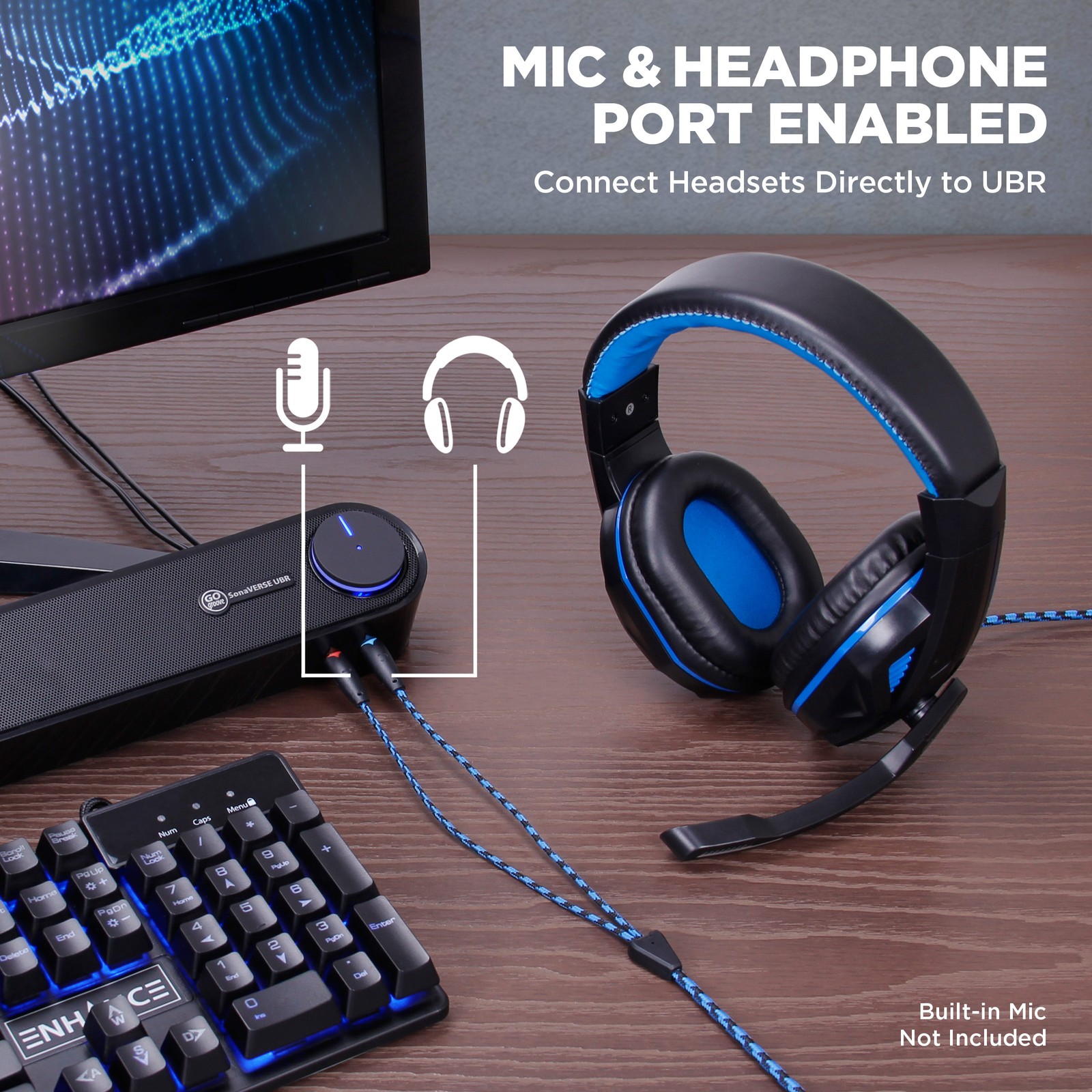 Computer Sound Bar Speaker (Blackout) with Easy Access Headphone & Mic Jacks