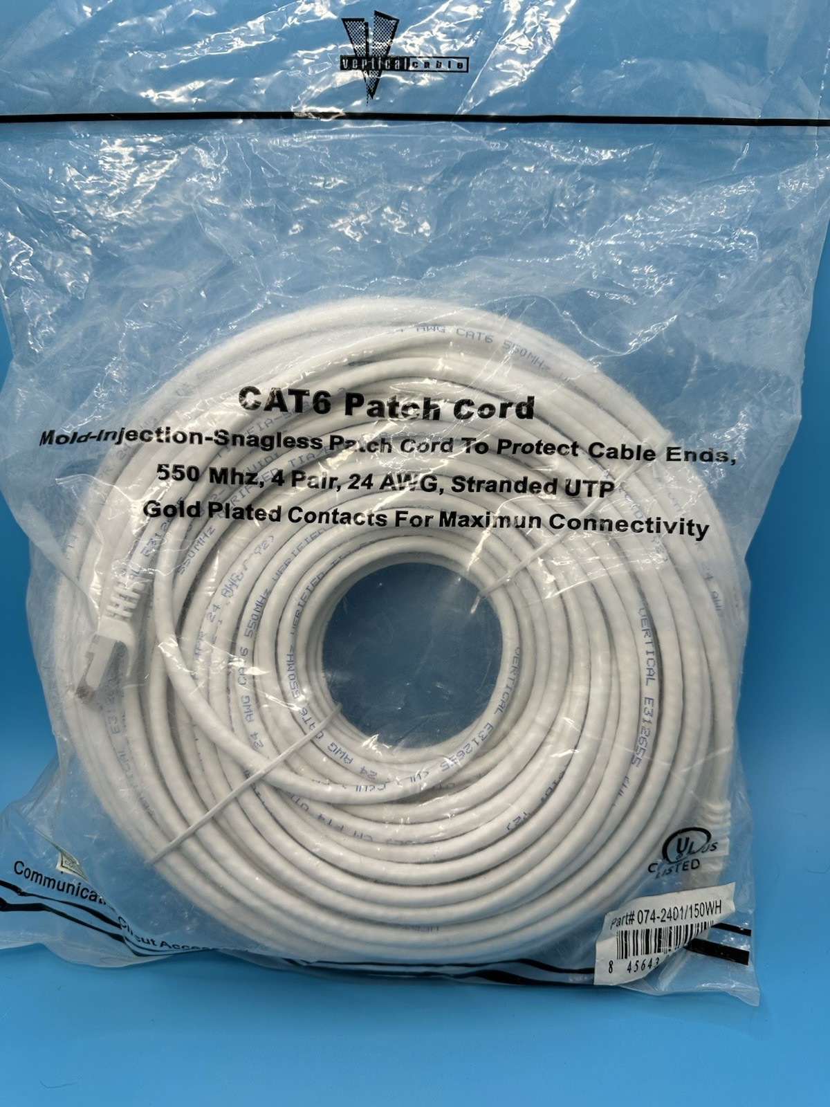 Vertical Cable CAT 6 Patch Cord 550Mhz 24AWG Gold Plated Contacts 074-2401/150WH