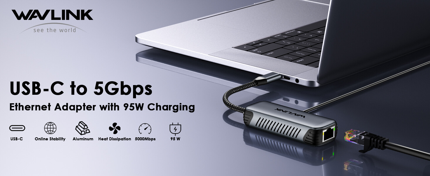 Wavlink USB-C to 5G Ethernet Adapter with 95W Charging, Driver-Free for Mac/Win