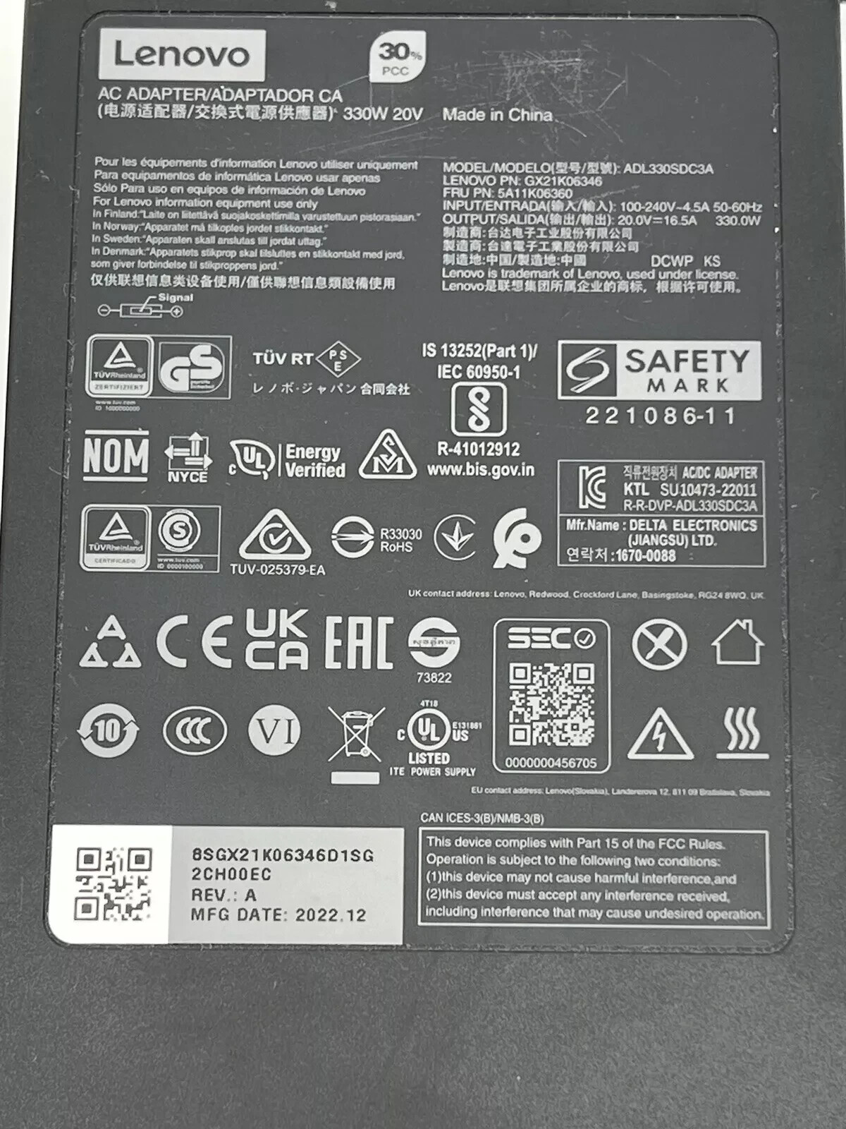 Genuine LENOVO 330w 20V 16.5A GX21K06346 for Legion Pro 7 16IRX8H