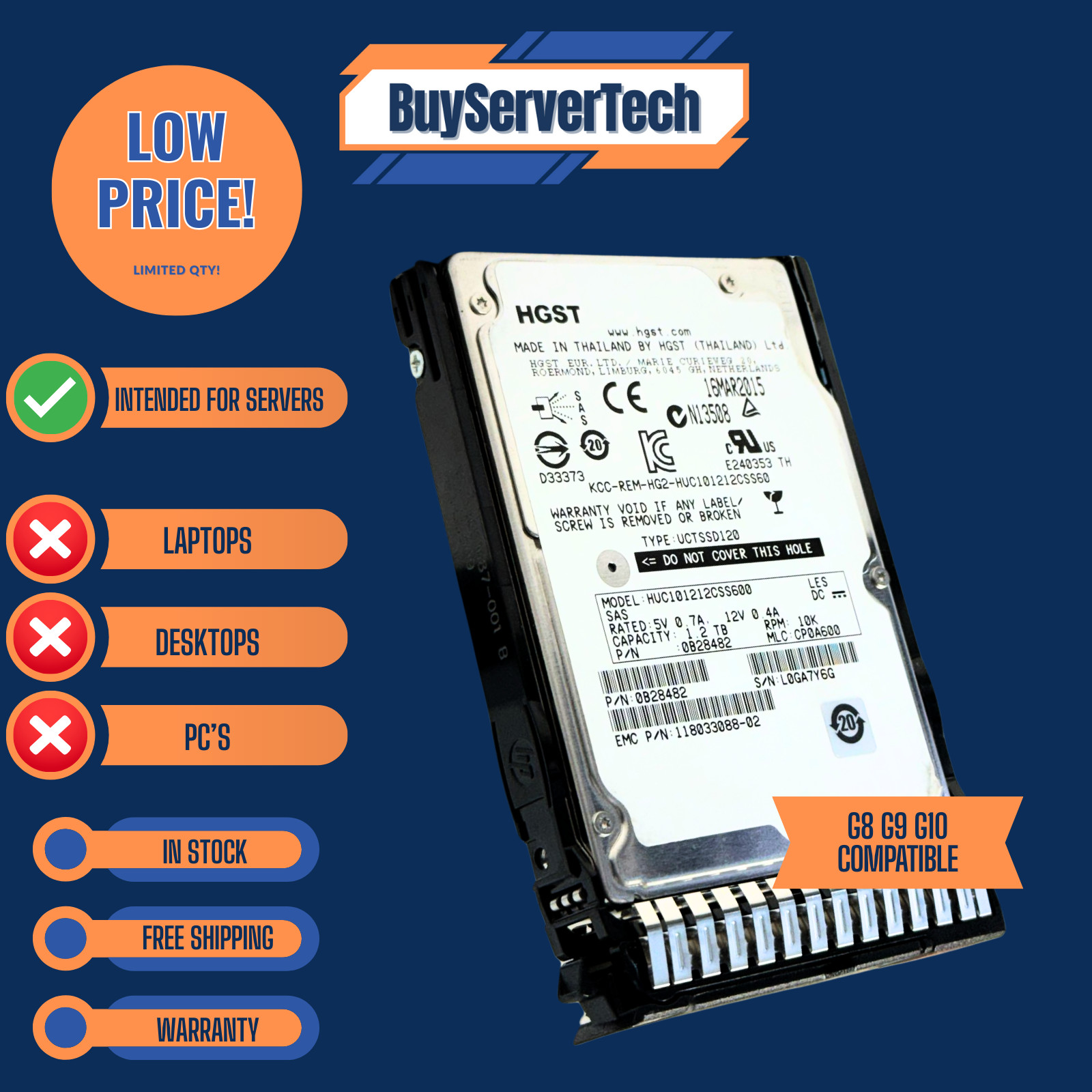 1.2TB 10K SAS 2.5″ HDD 6Gbps | 0 Hours | HP DL360 DL380 G8 G9 G10 | Tray | 1YR