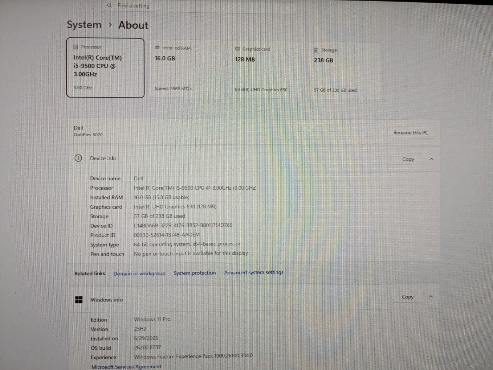DELL OptiPlex 5070 i5-9500 3.00 GHz16GB RAM 256 GB M.2 Intel(R) UHD Graphics 630
